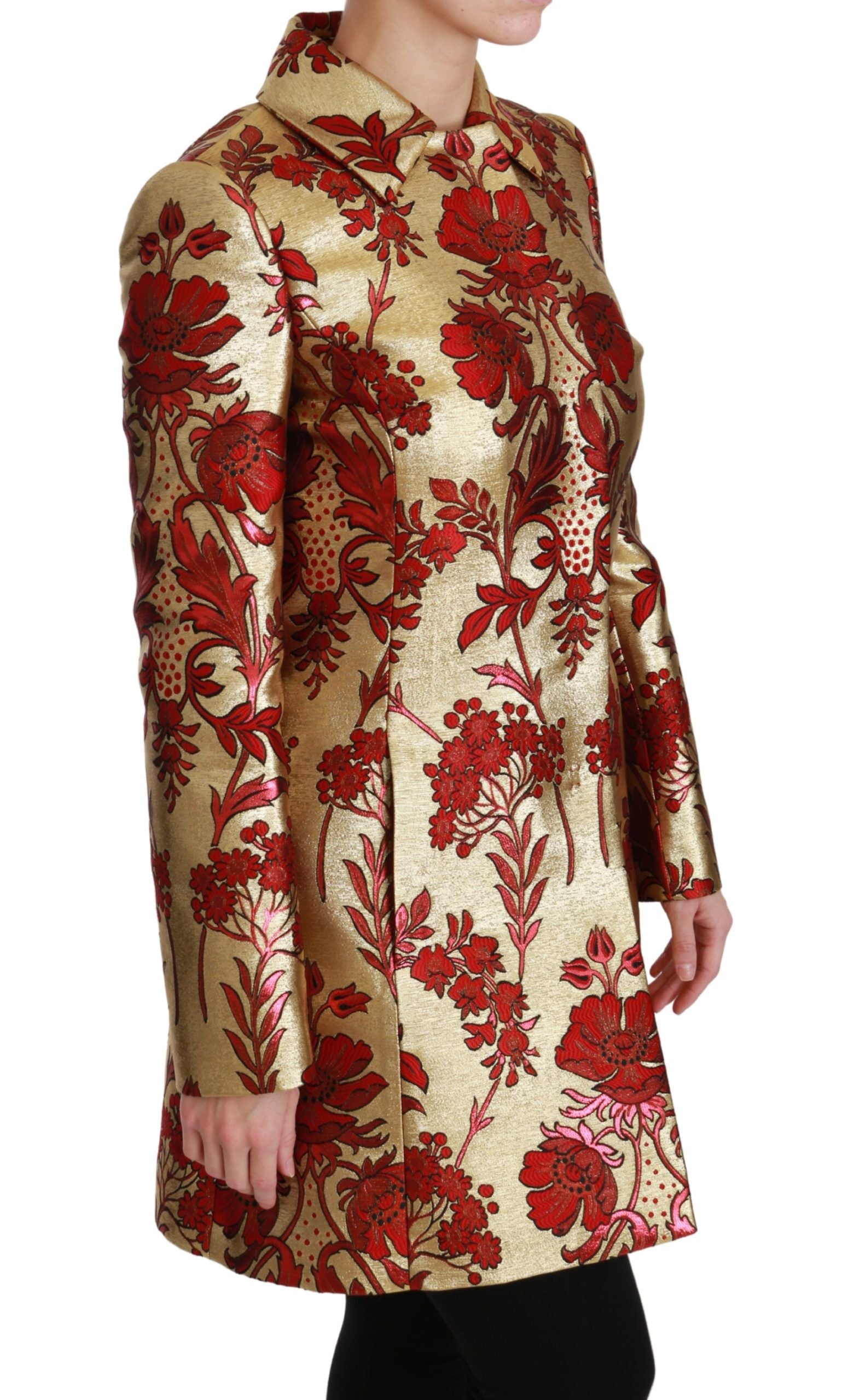 Elegant Gold Floral Brocade Trench Coat - ventzia
