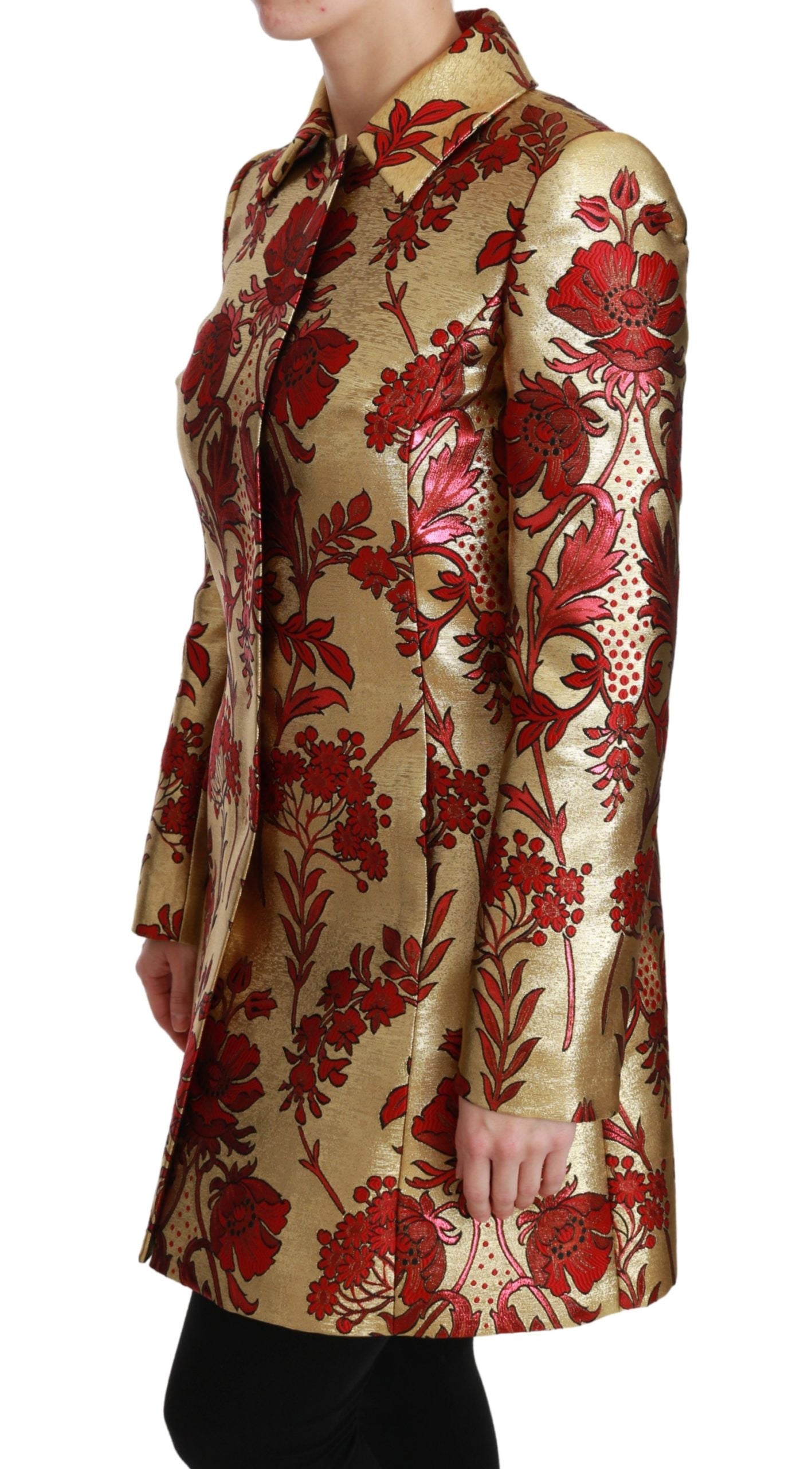 Elegant Gold Floral Brocade Trench Coat - ventzia