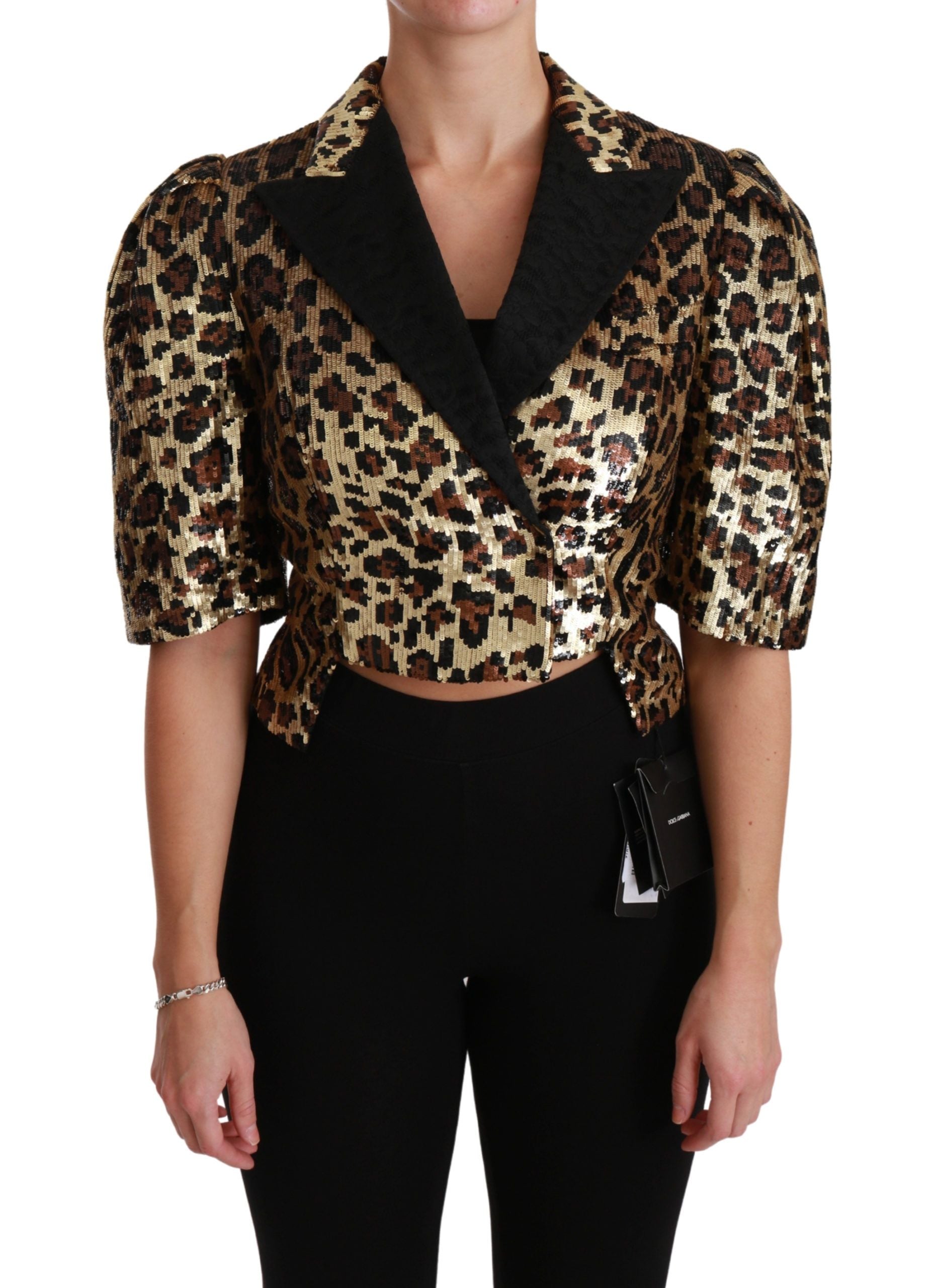 Gold Leopard Print Short Sleeve Blazer - ventzia