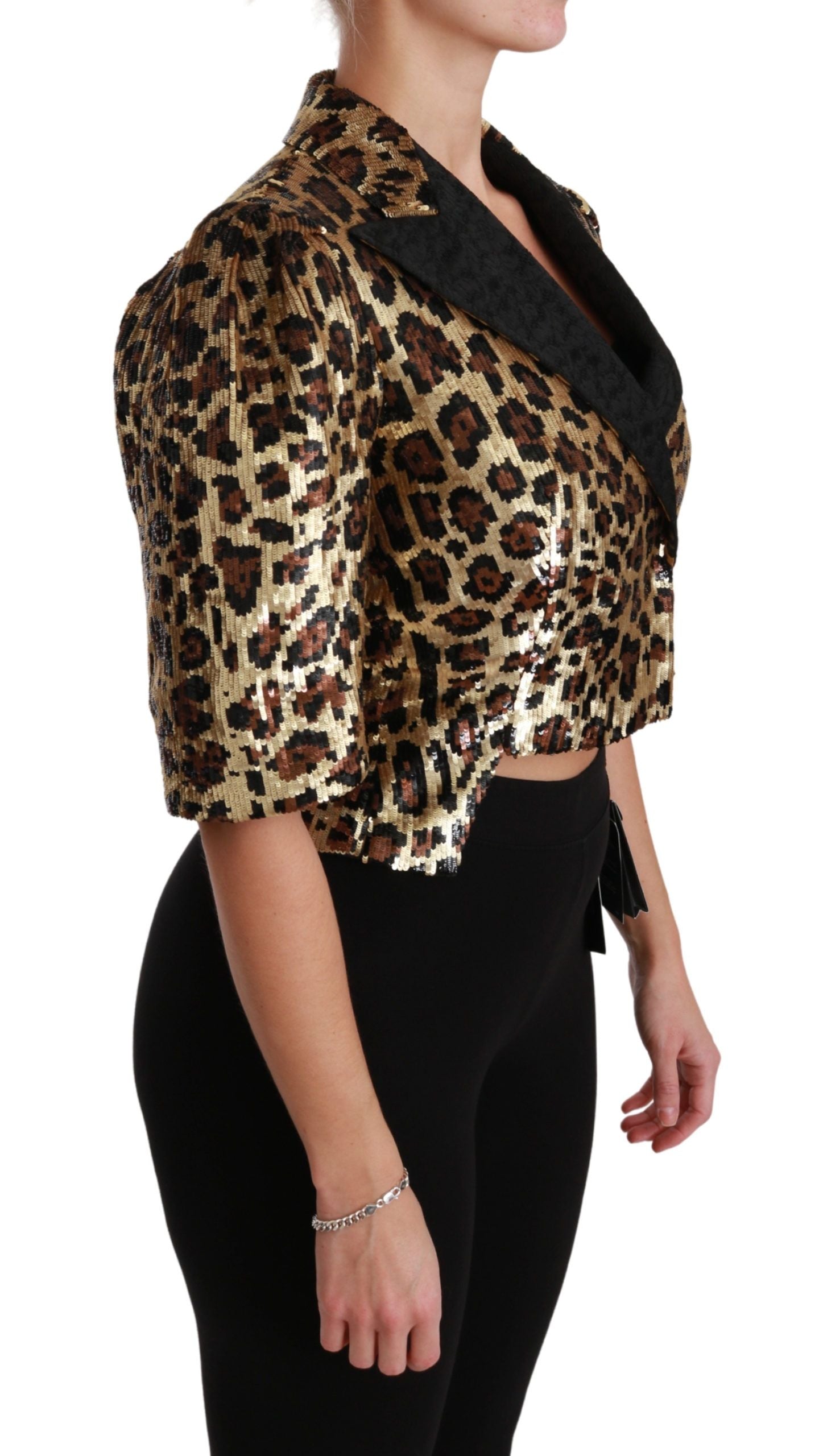 Gold Leopard Print Short Sleeve Blazer - ventzia