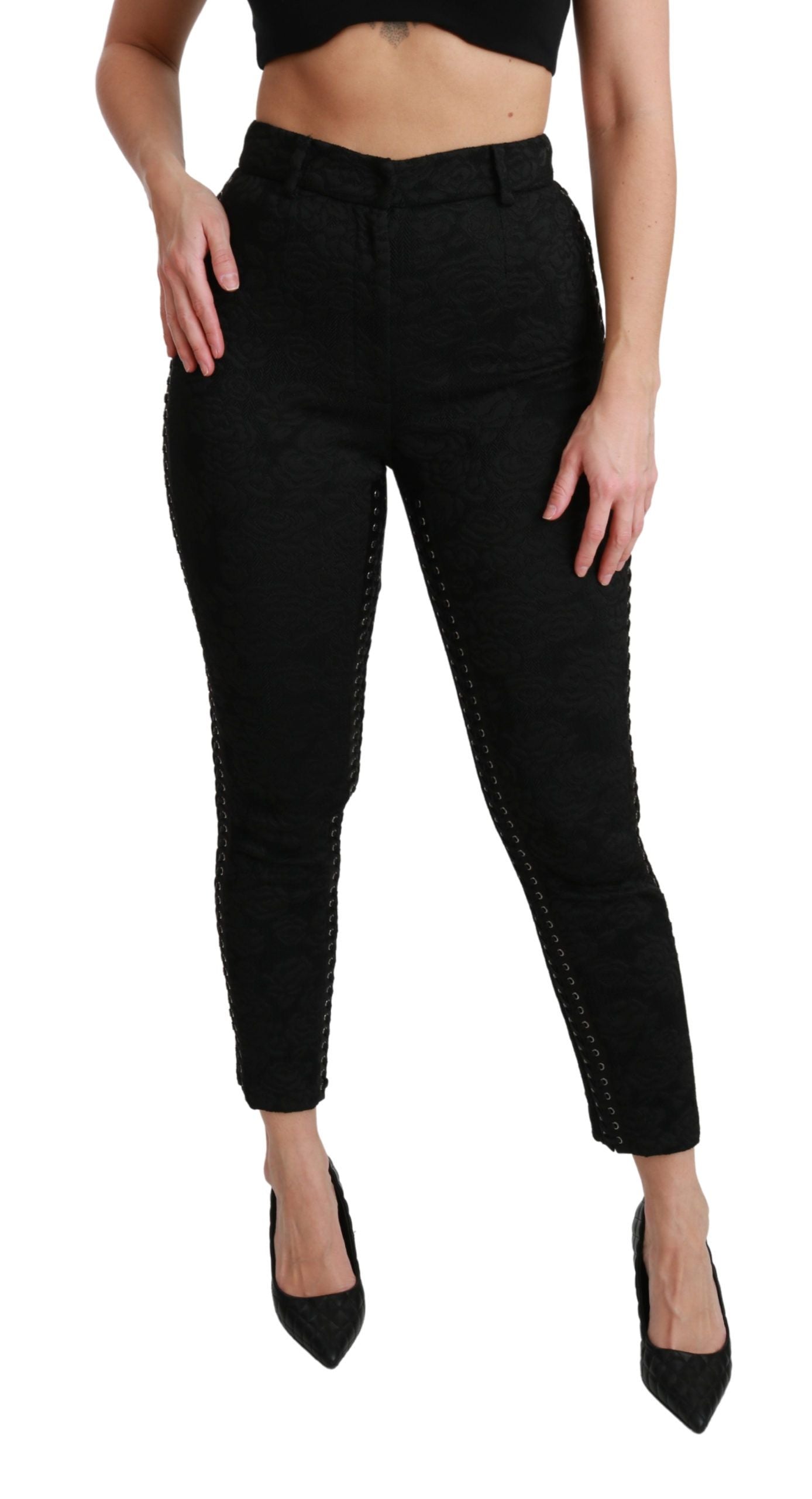 Elegant High Waist Skinny Black Brocade Pants - ventzia