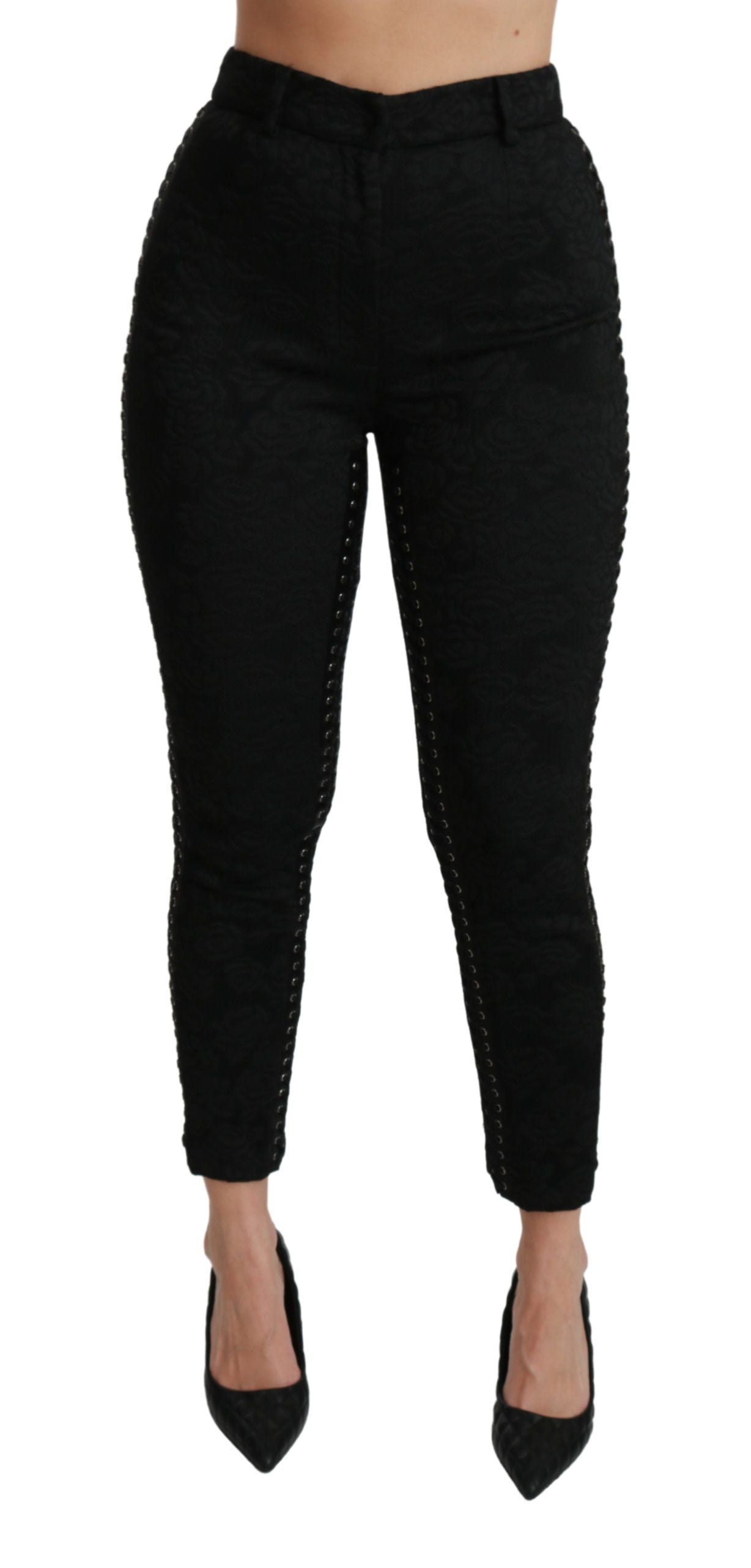 Elegant High Waist Skinny Black Brocade Pants - ventzia