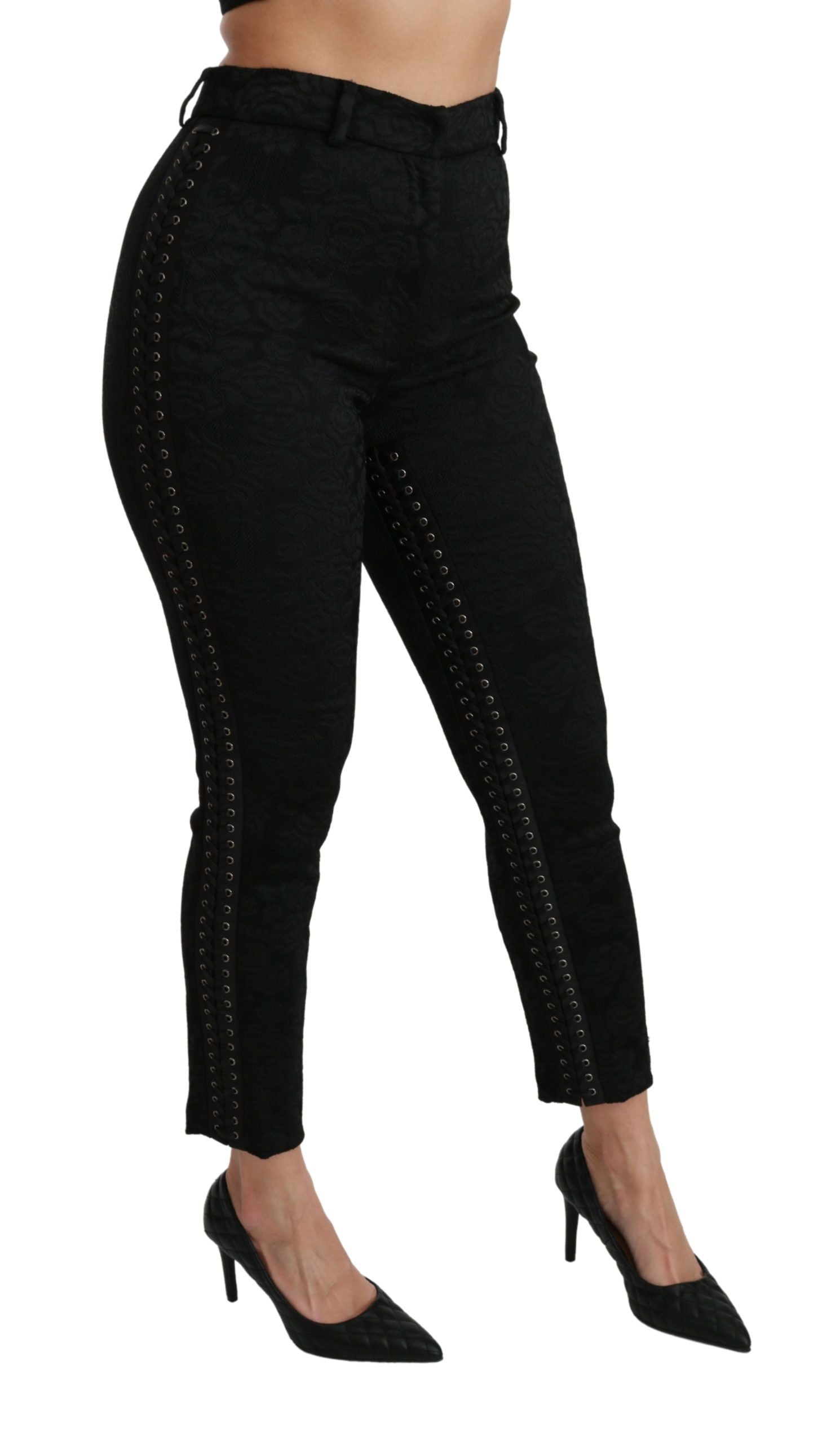 Elegant High Waist Skinny Black Brocade Pants - ventzia