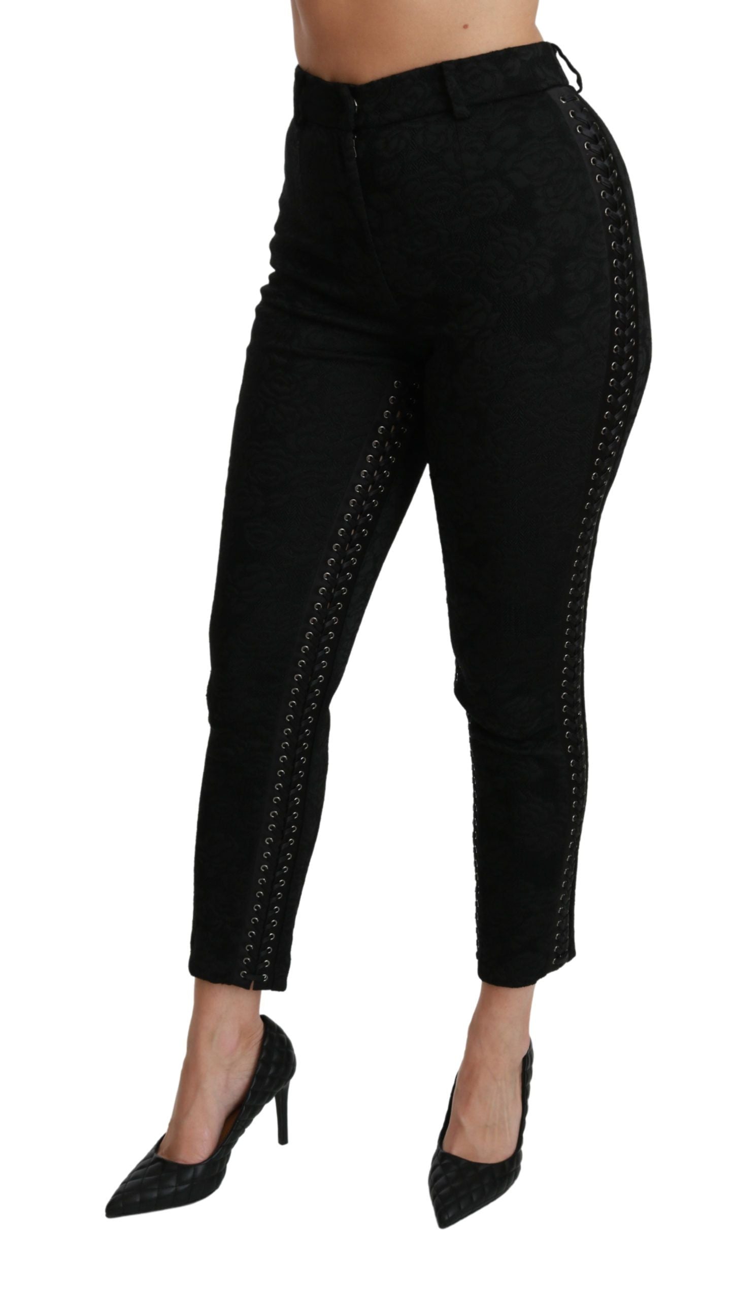 Elegant High Waist Skinny Black Brocade Pants - ventzia