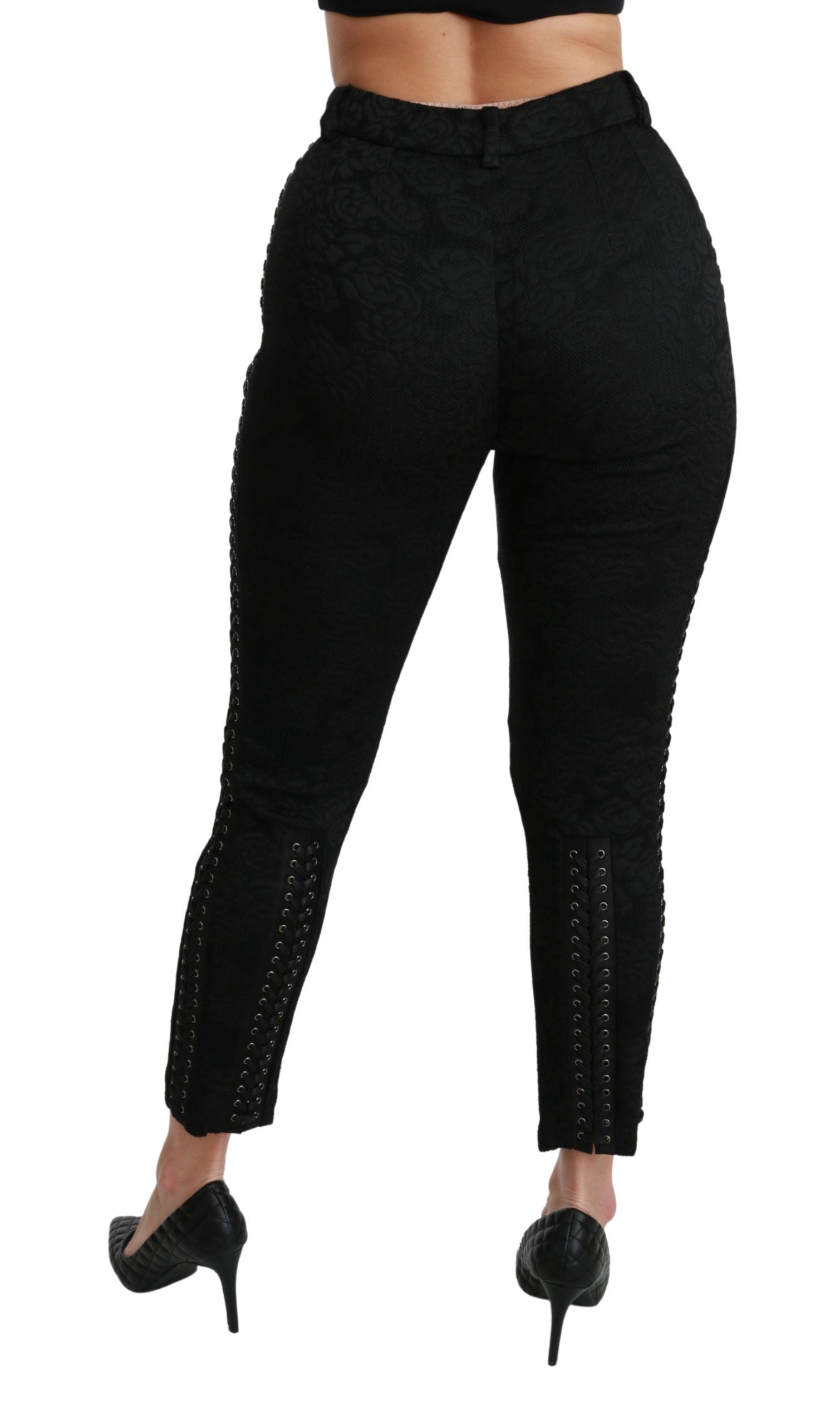 Elegant High Waist Skinny Black Brocade Pants - ventzia