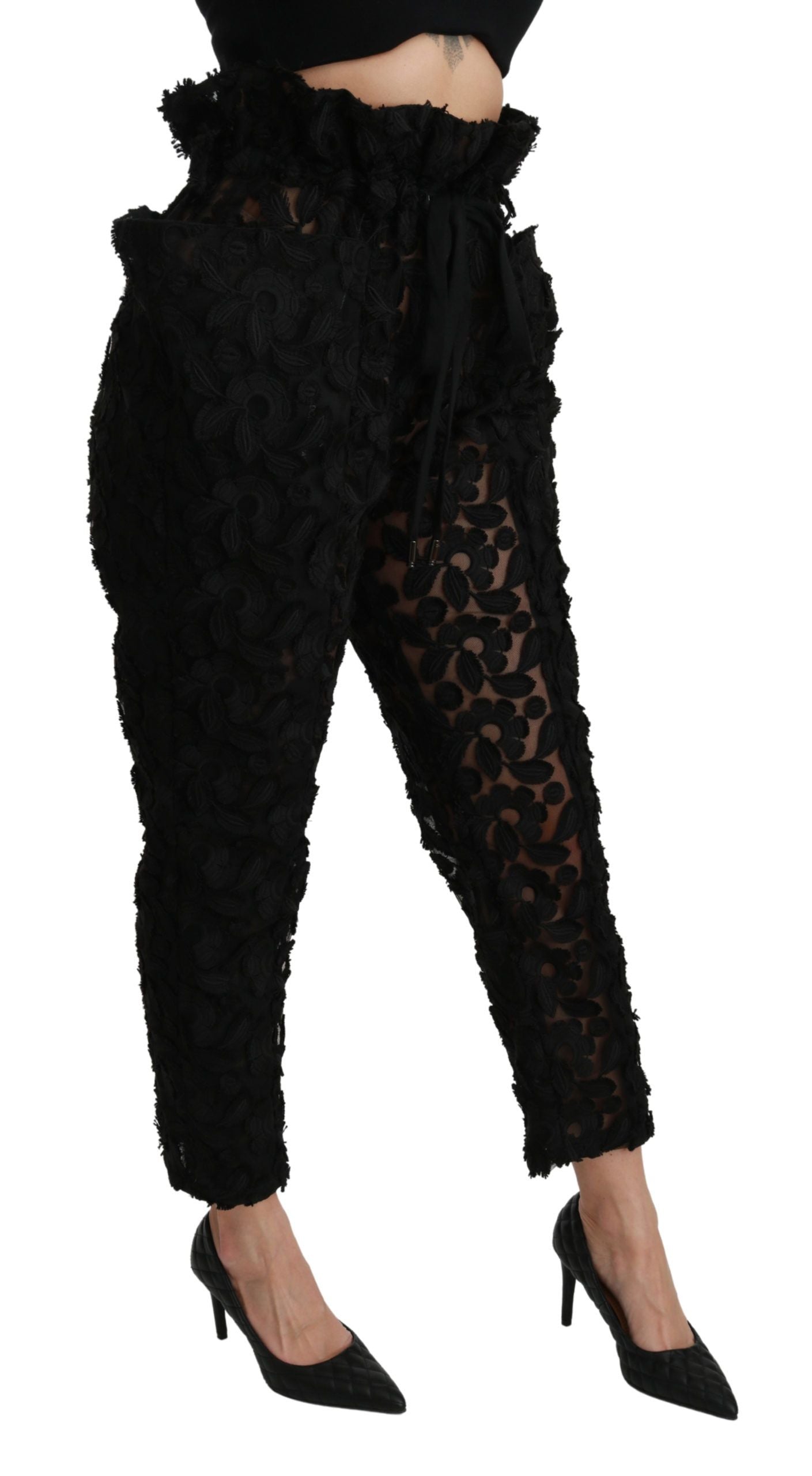 Chic Tapered High Waist Lace Pants - ventzia