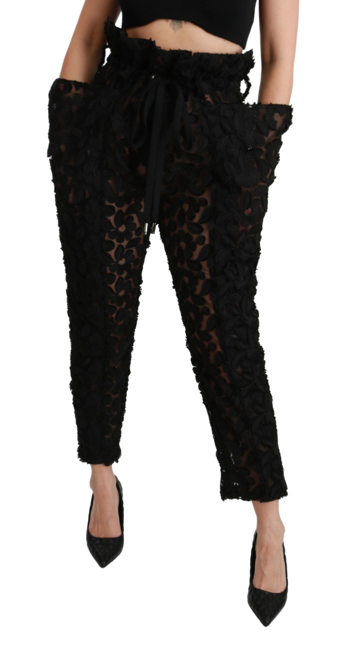 Chic Tapered High Waist Lace Pants - ventzia