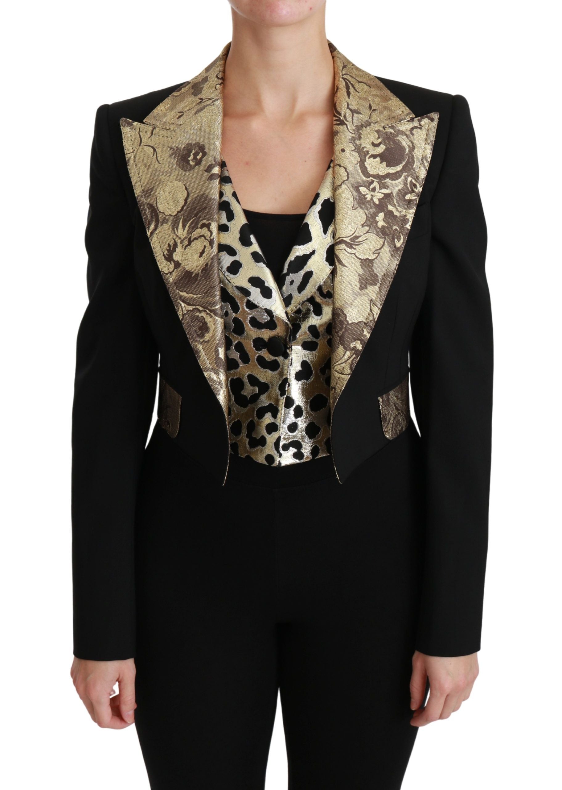 Opulent Black Gold Floral Jacket and Vest Ensemble - ventzia
