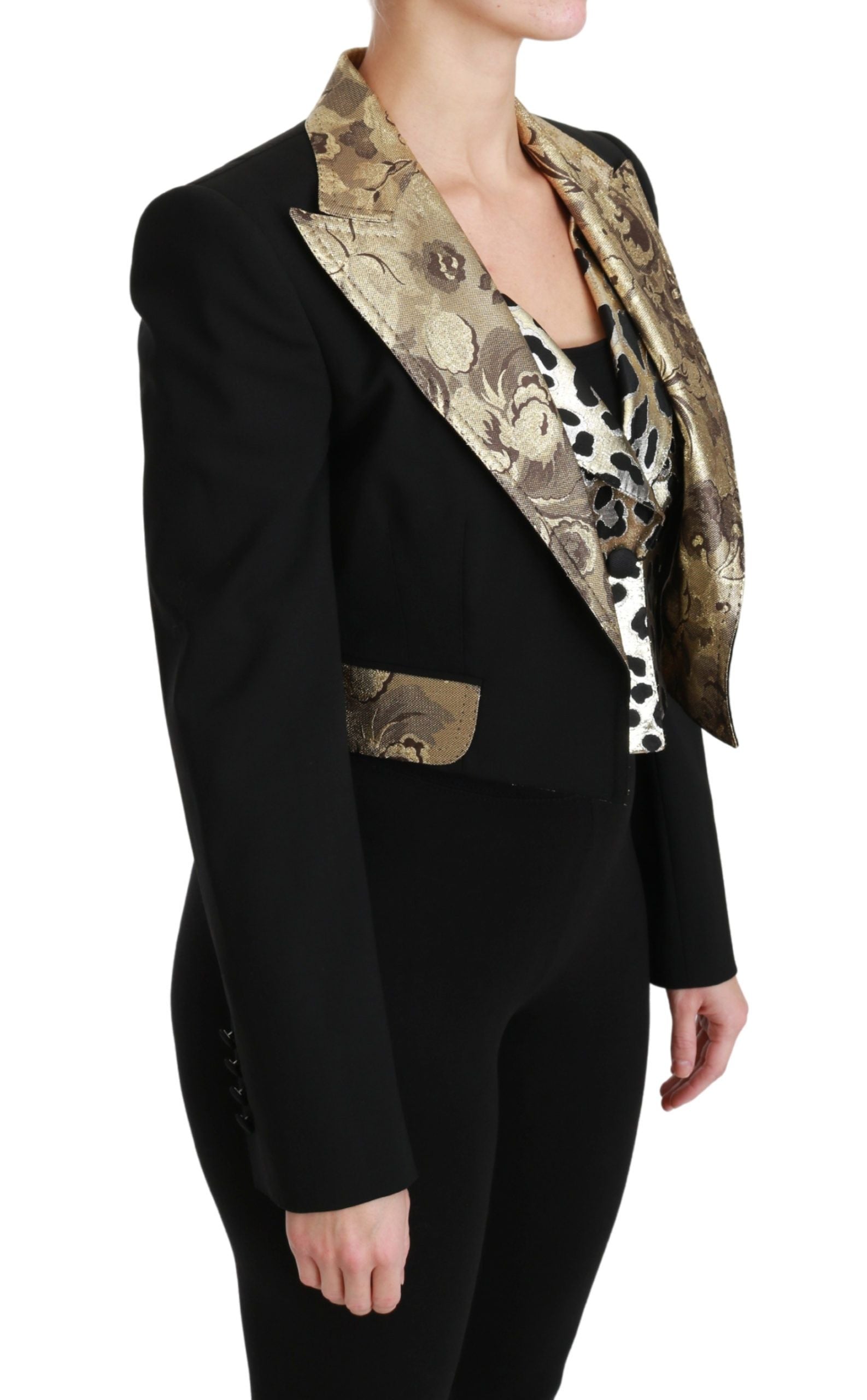 Opulent Black Gold Floral Jacket and Vest Ensemble - ventzia