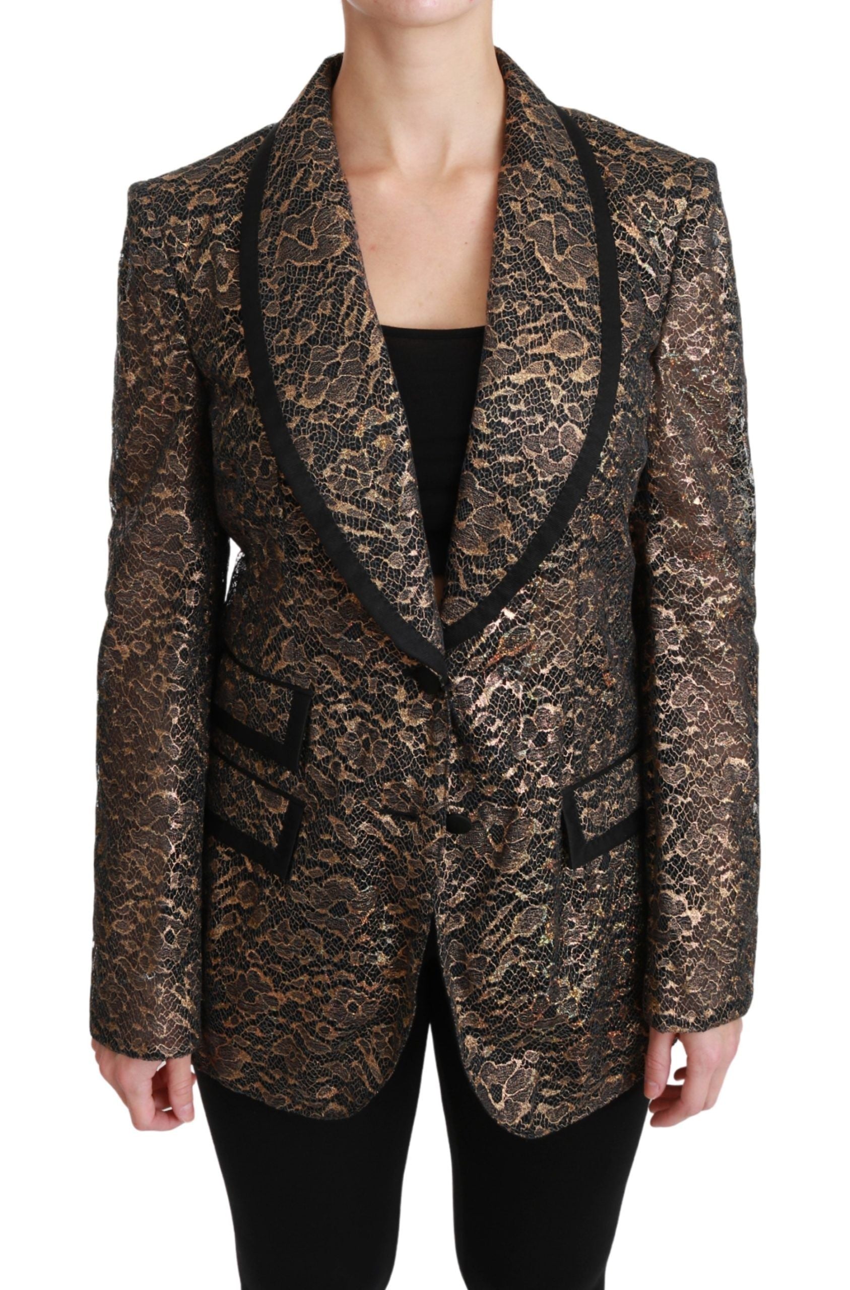 Elegant Gold Floral Lace Blazer Jacket - ventzia