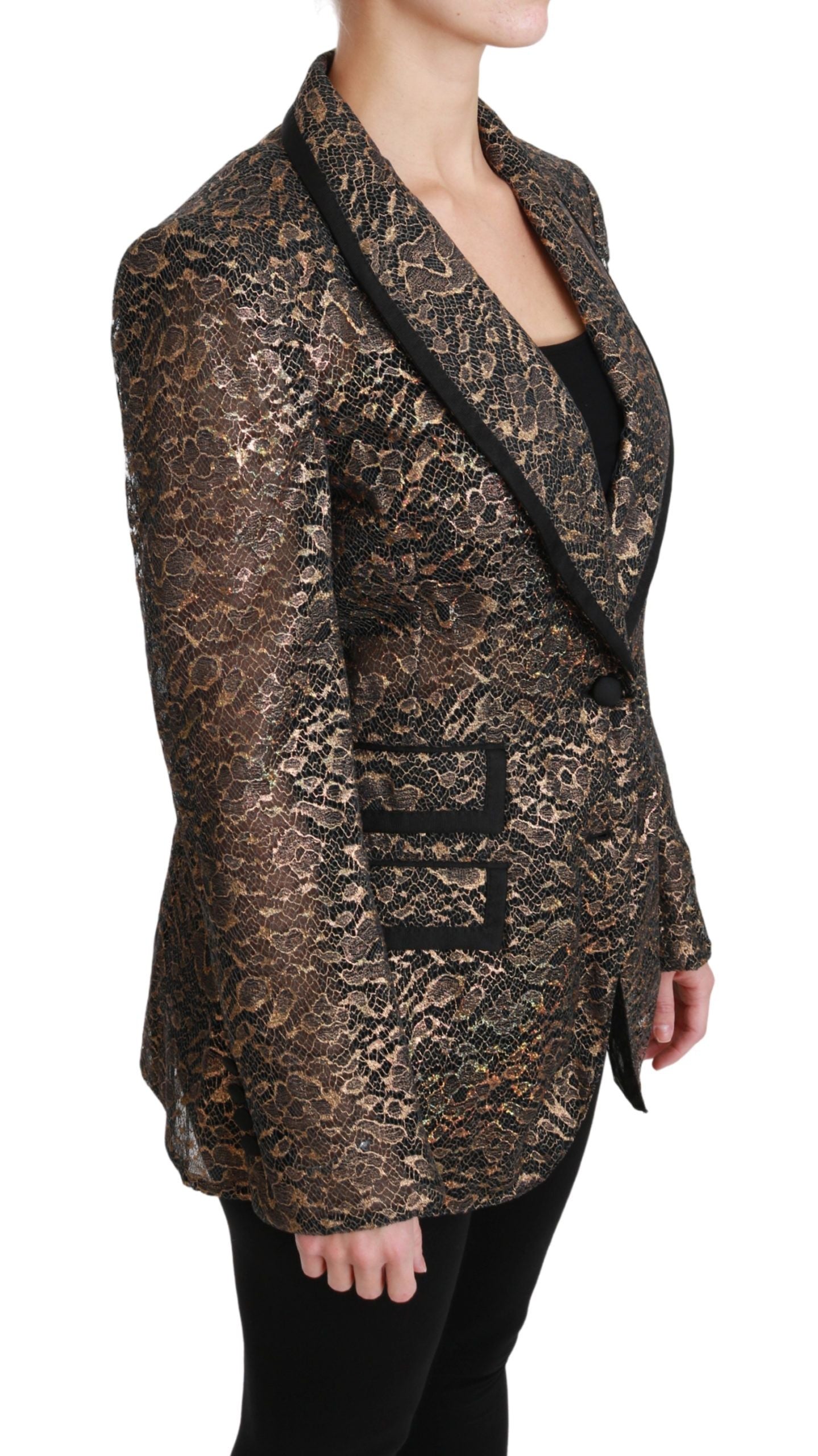 Elegant Gold Floral Lace Blazer Jacket - ventzia