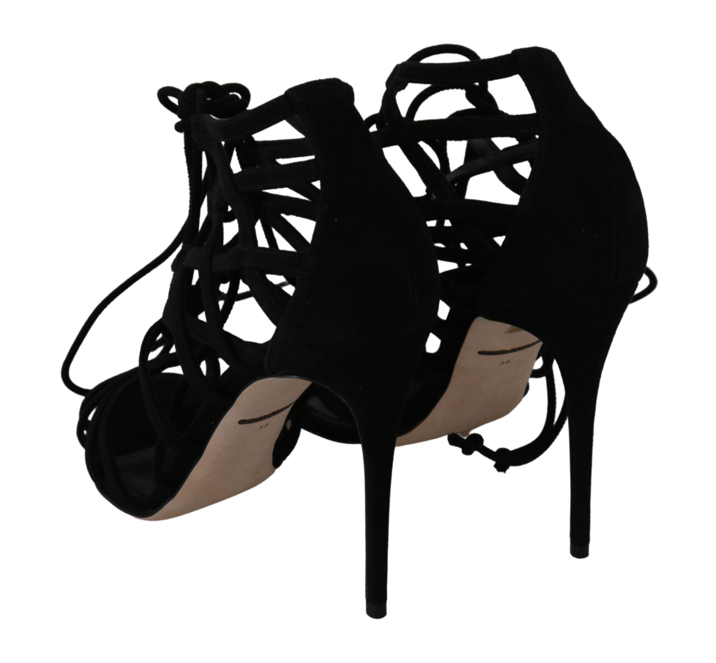 Elegant Black Suede Stiletto Ankle Strap Sandals - ventzia