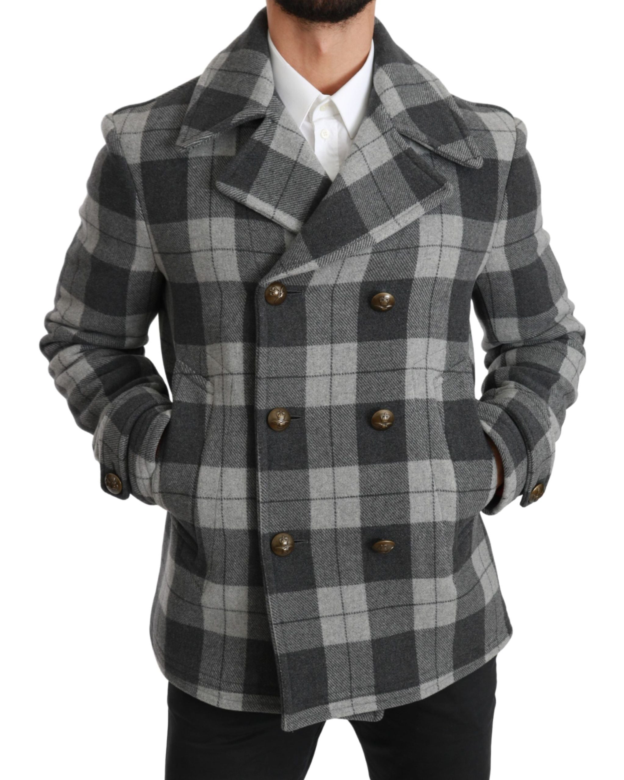 Elegant Gray Check Double Breasted Coat - ventzia