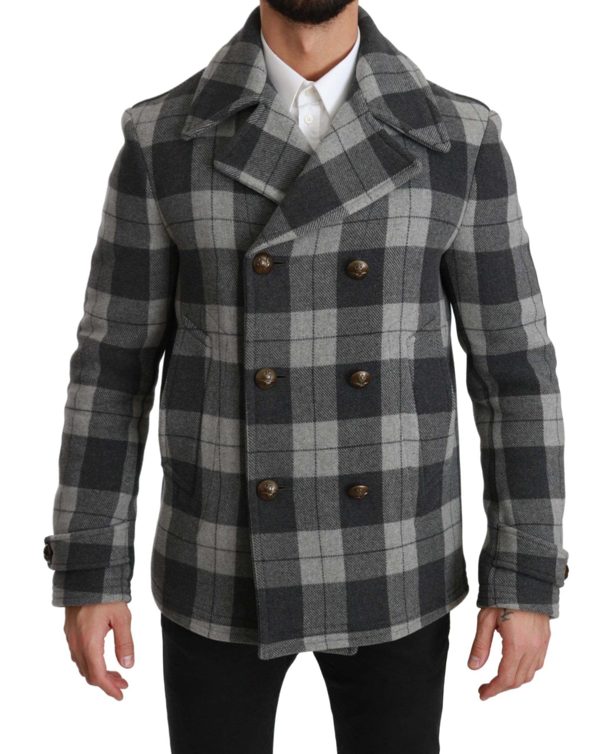 Elegant Gray Check Double Breasted Coat - ventzia