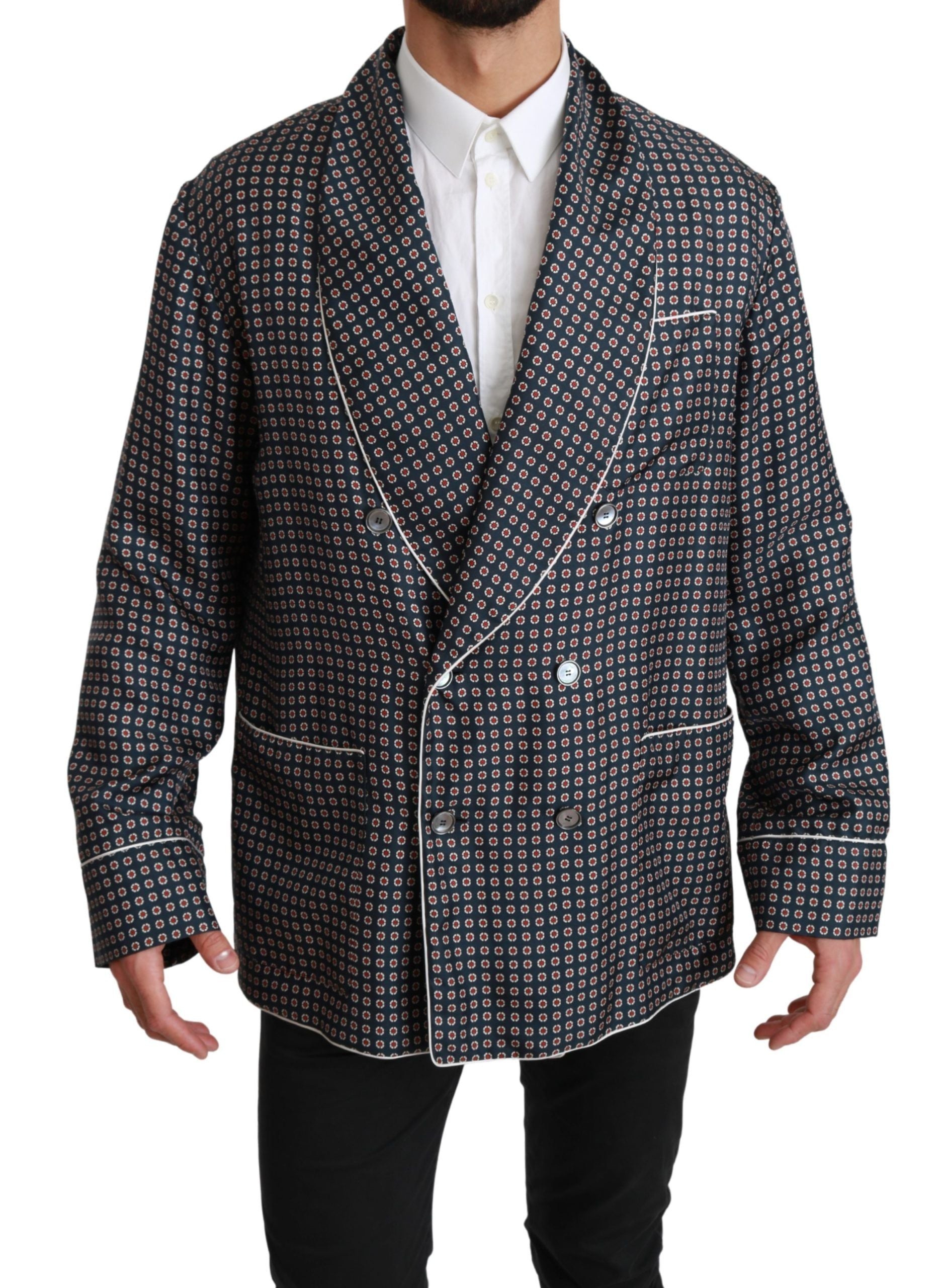 Elegant Navy Silk Double Breasted Coat - ventzia