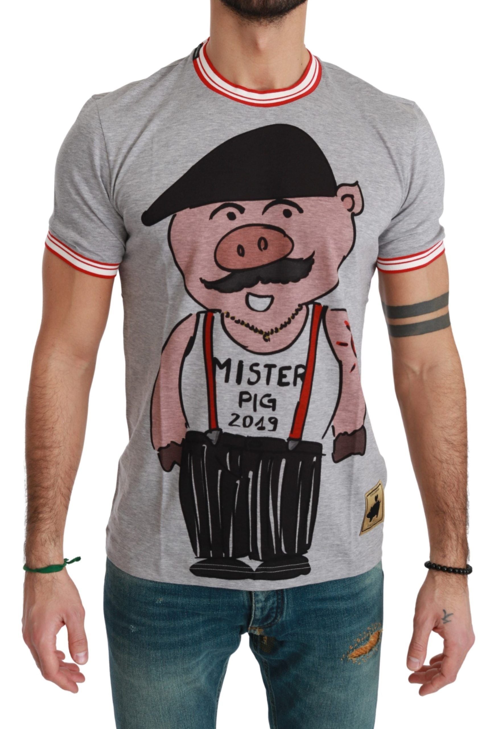 Chic Gray Cotton T-Shirt with Year of the Pig Motive - ventzia