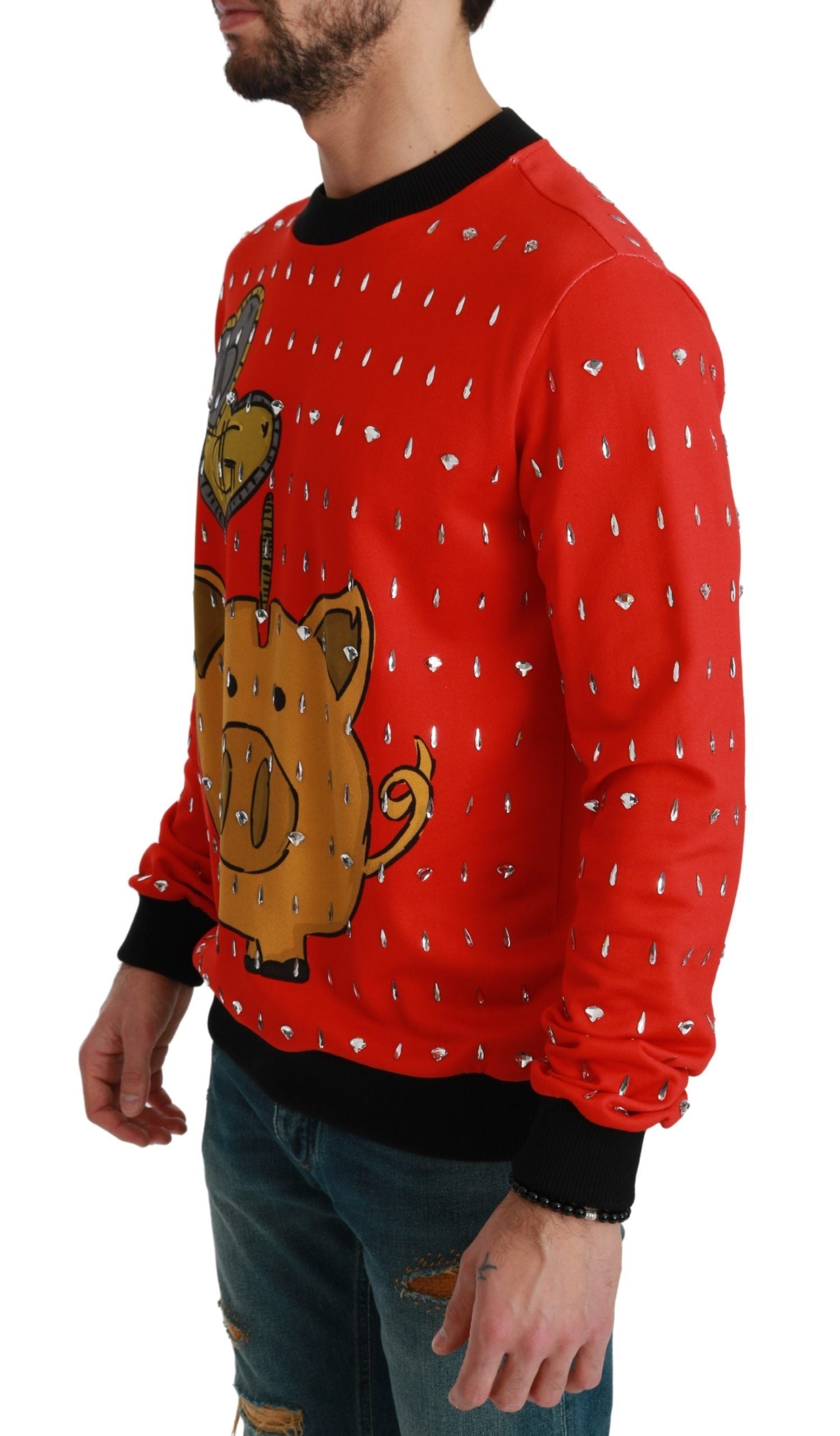 Elegant Red Crystal-Embellished Pullover Sweater - ventzia