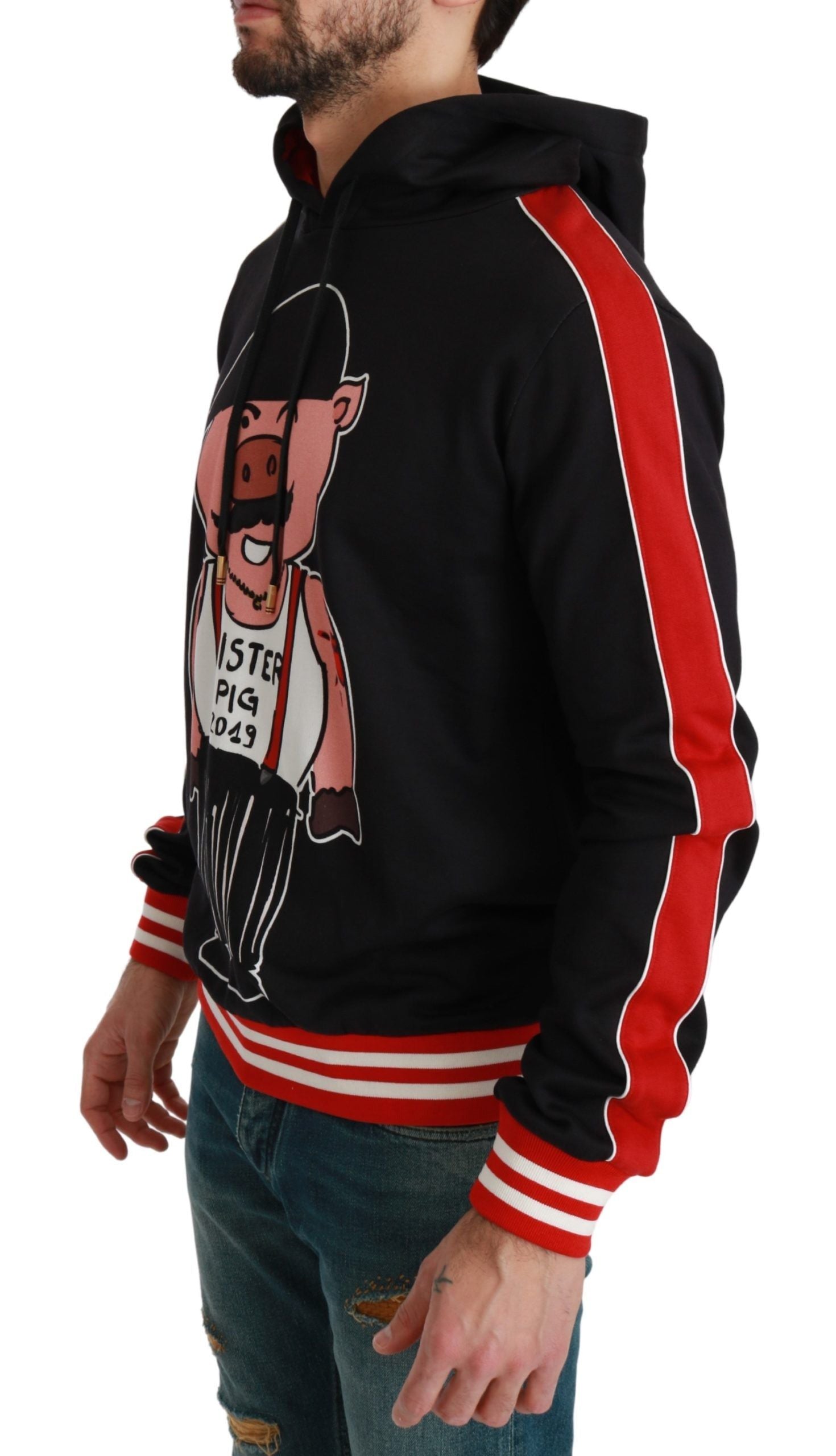 Elegant Black Hooded Sweater with Multicolor Motif - ventzia
