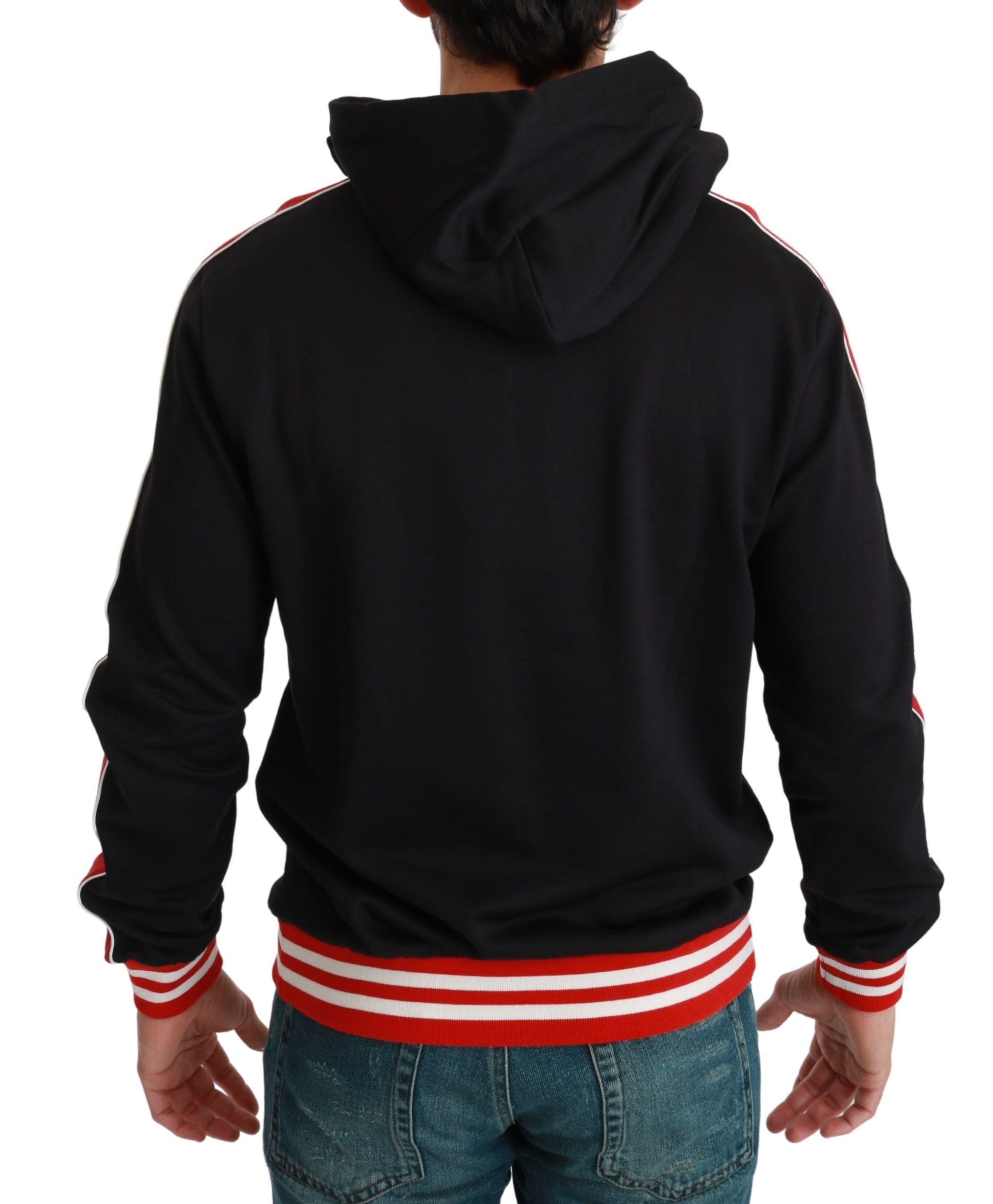 Elegant Black Hooded Sweater with Multicolor Motif - ventzia