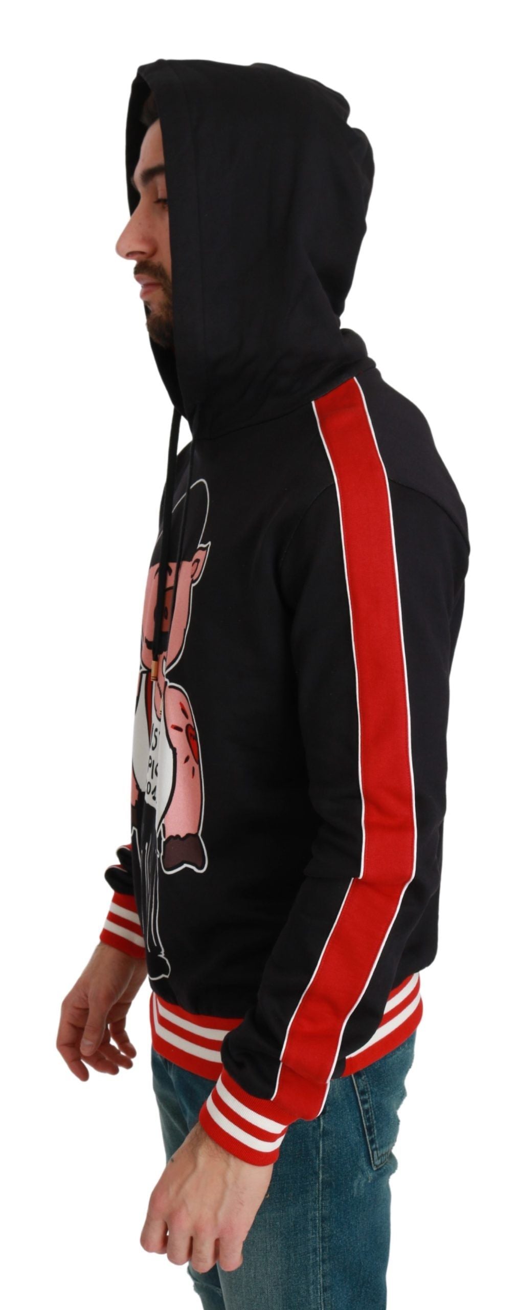 Elegant Black Hooded Sweater with Multicolor Motif - ventzia