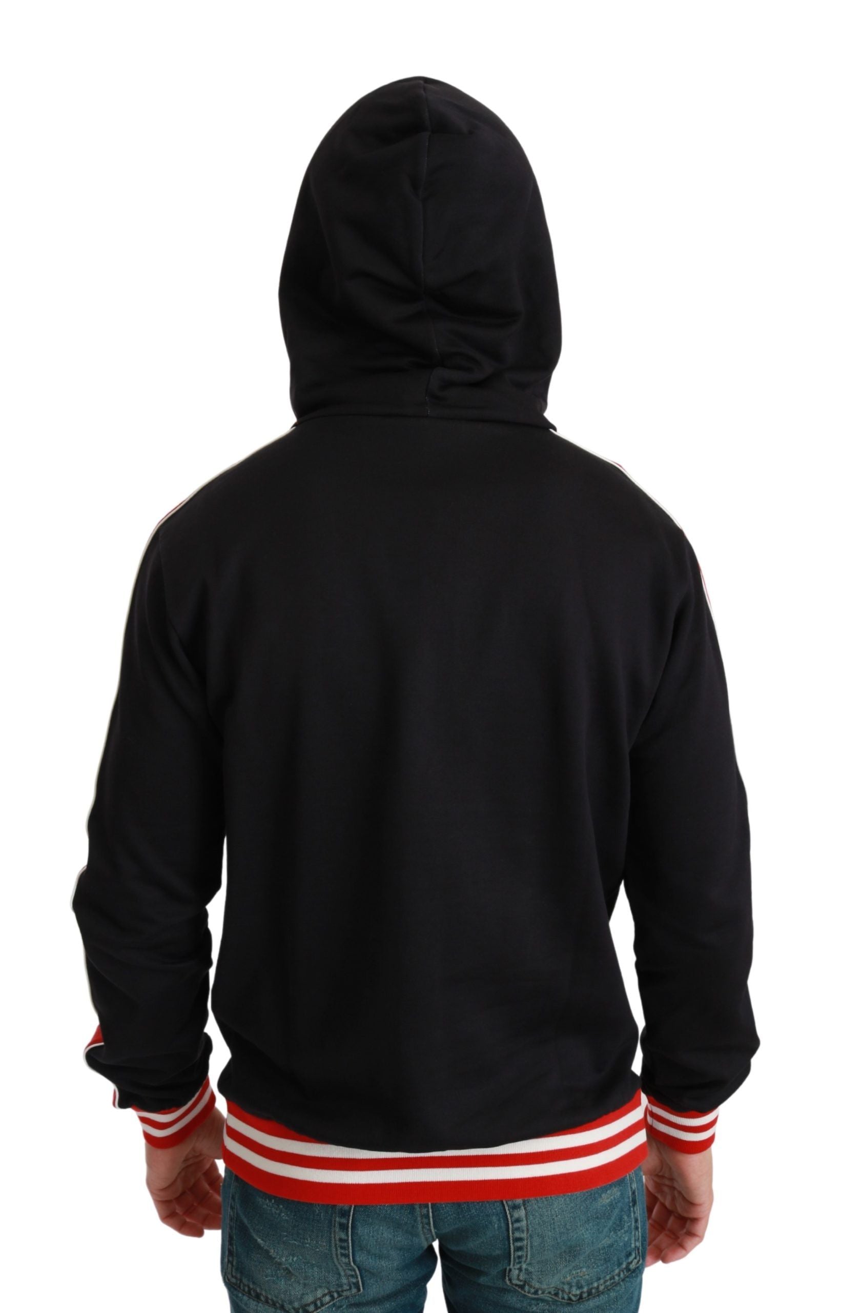 Elegant Black Hooded Sweater with Multicolor Motif - ventzia
