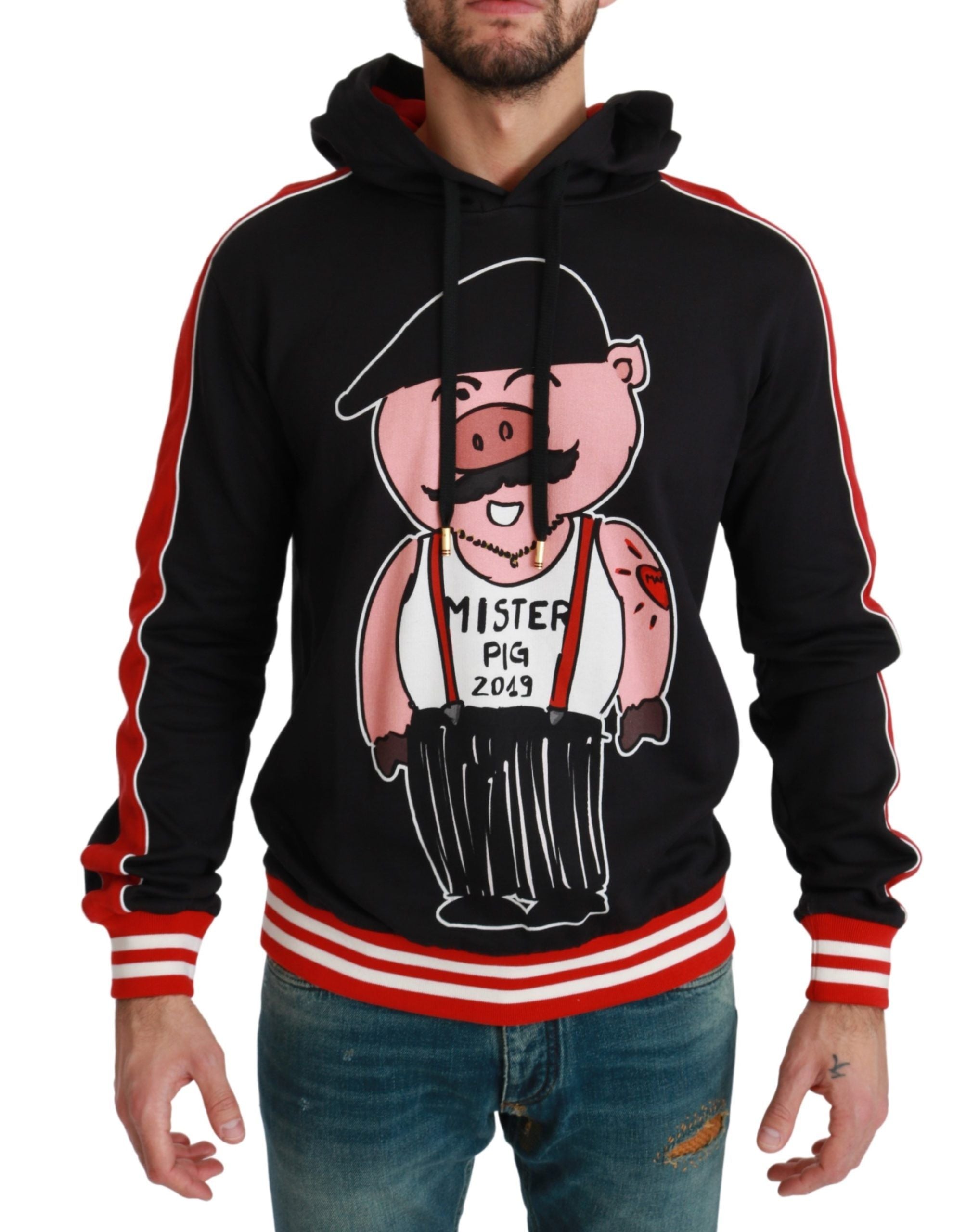 Elegant Black Hooded Sweater with Multicolor Motif - ventzia