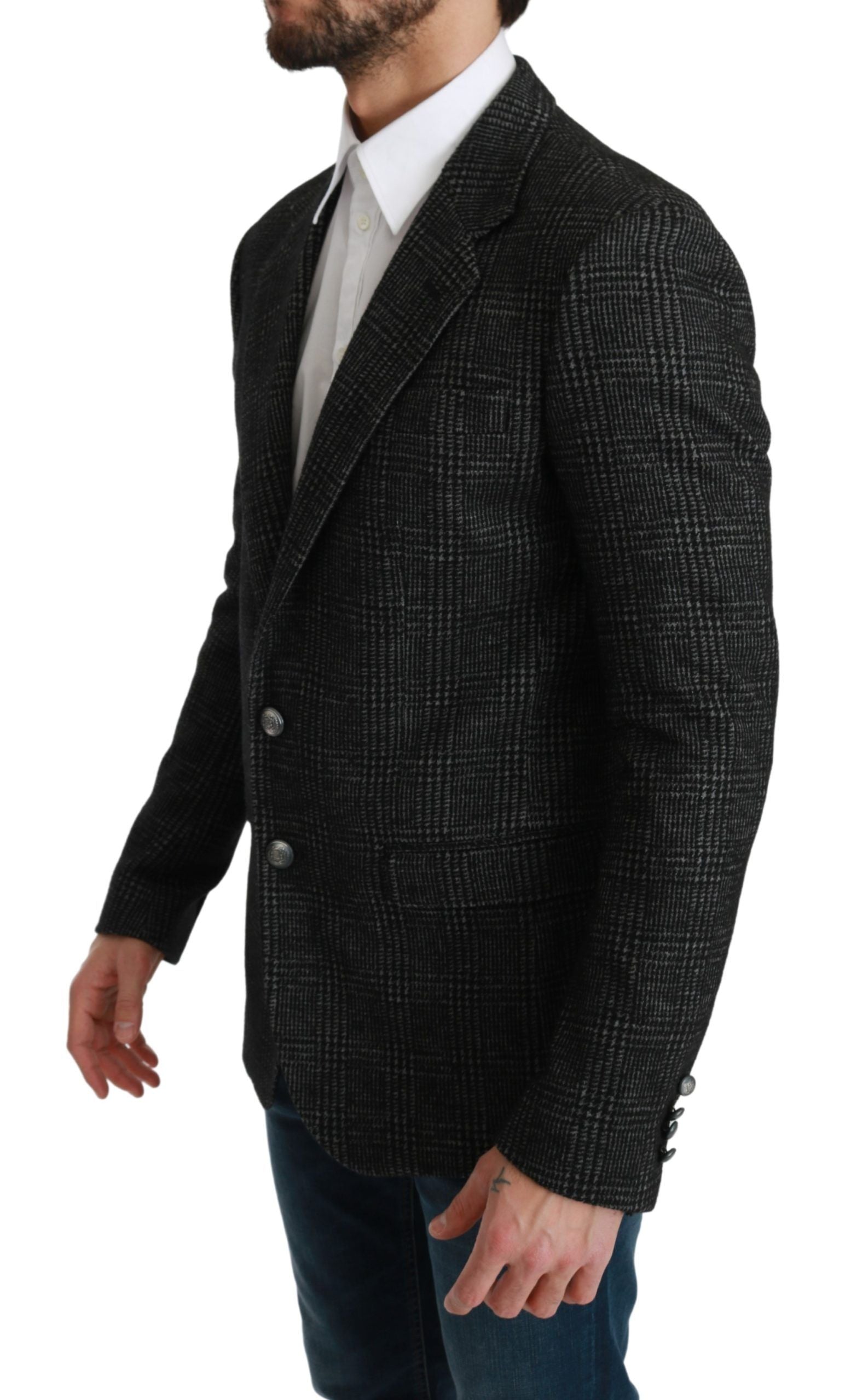 Elegant Gray Plaid Slim Fit Blazer - ventzia