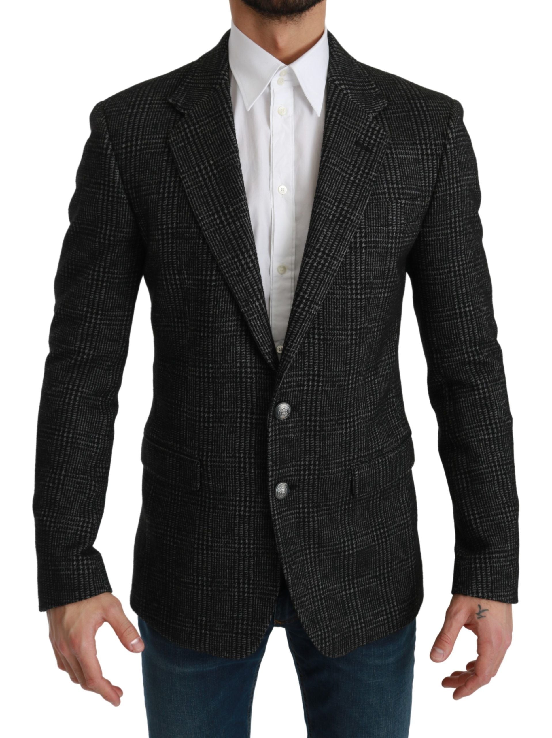 Elegant Gray Plaid Slim Fit Blazer - ventzia