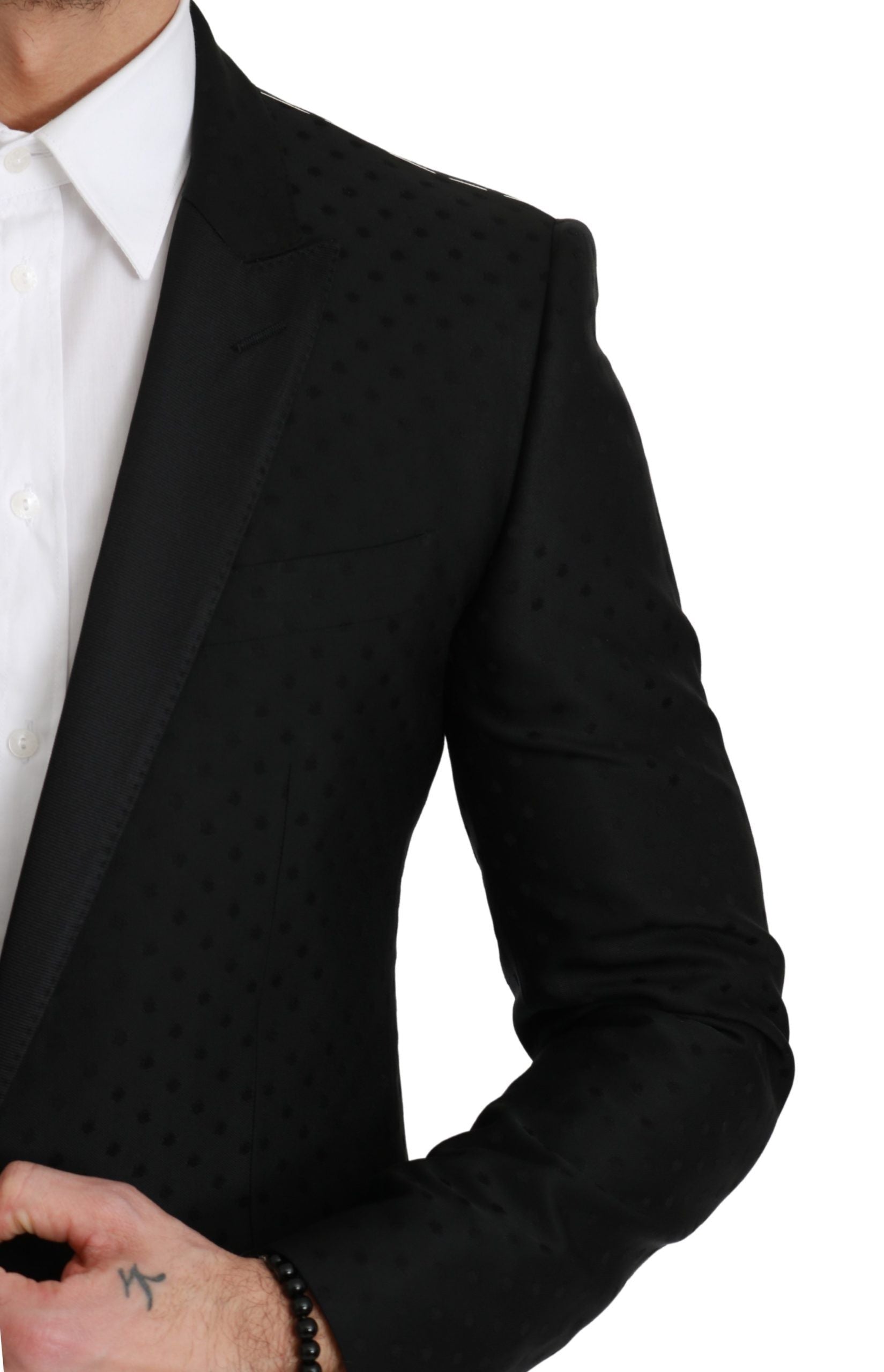 Elegant Black Polka Dotted Wool Blend Blazer - ventzia