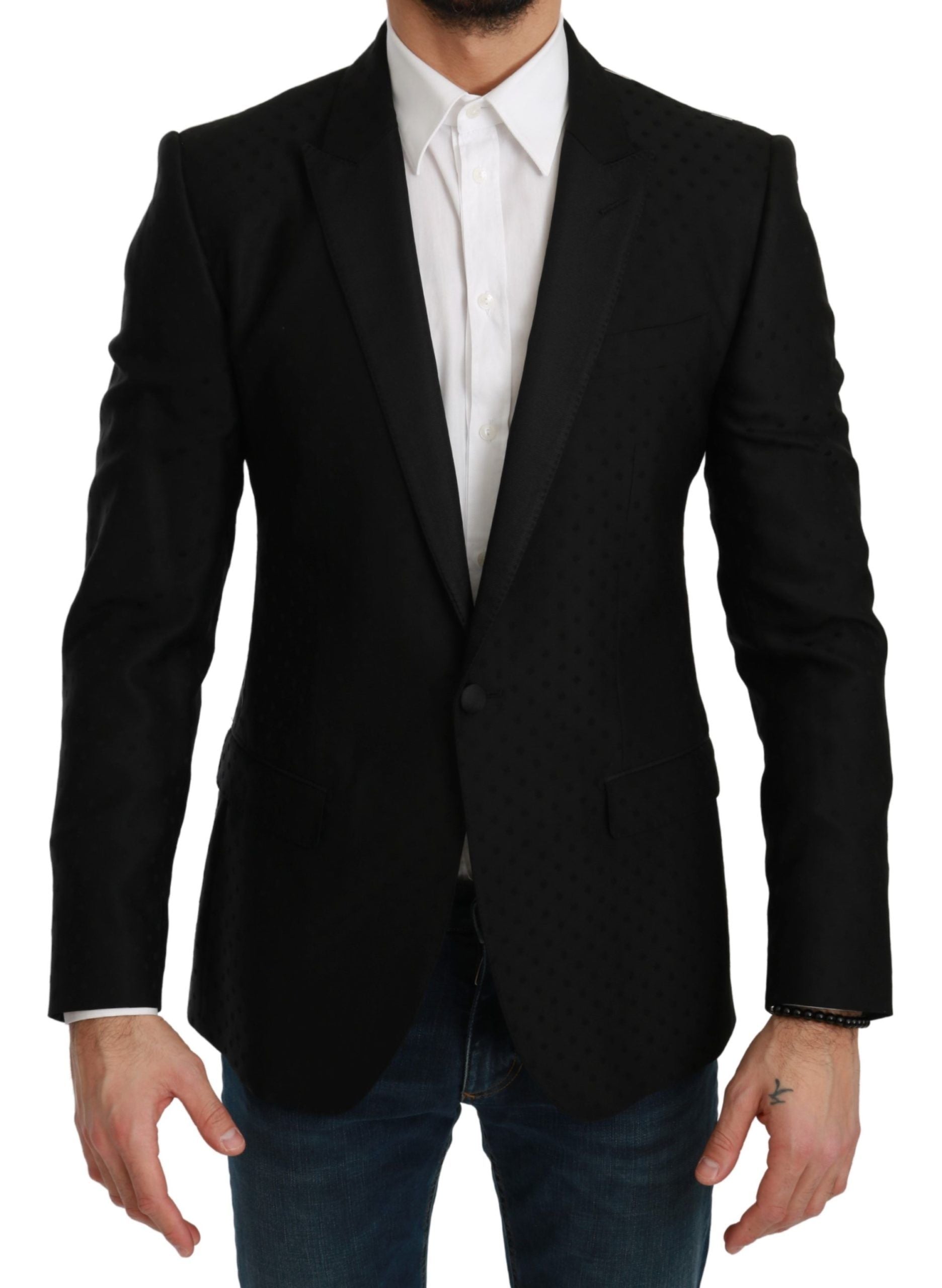 Elegant Black Polka Dotted Wool Blend Blazer - ventzia