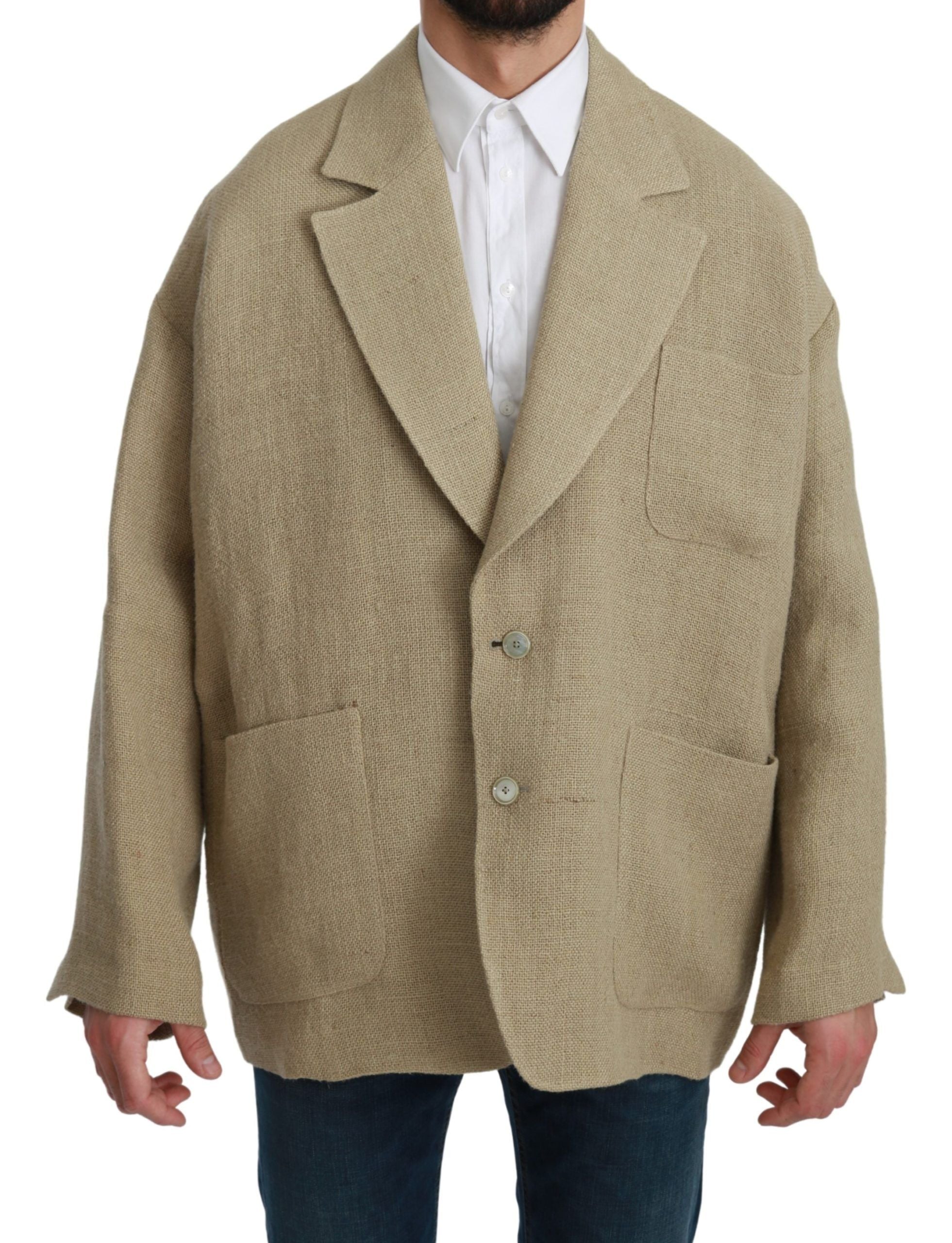 Chic Beige Jute Single-Breasted Blazer - ventzia