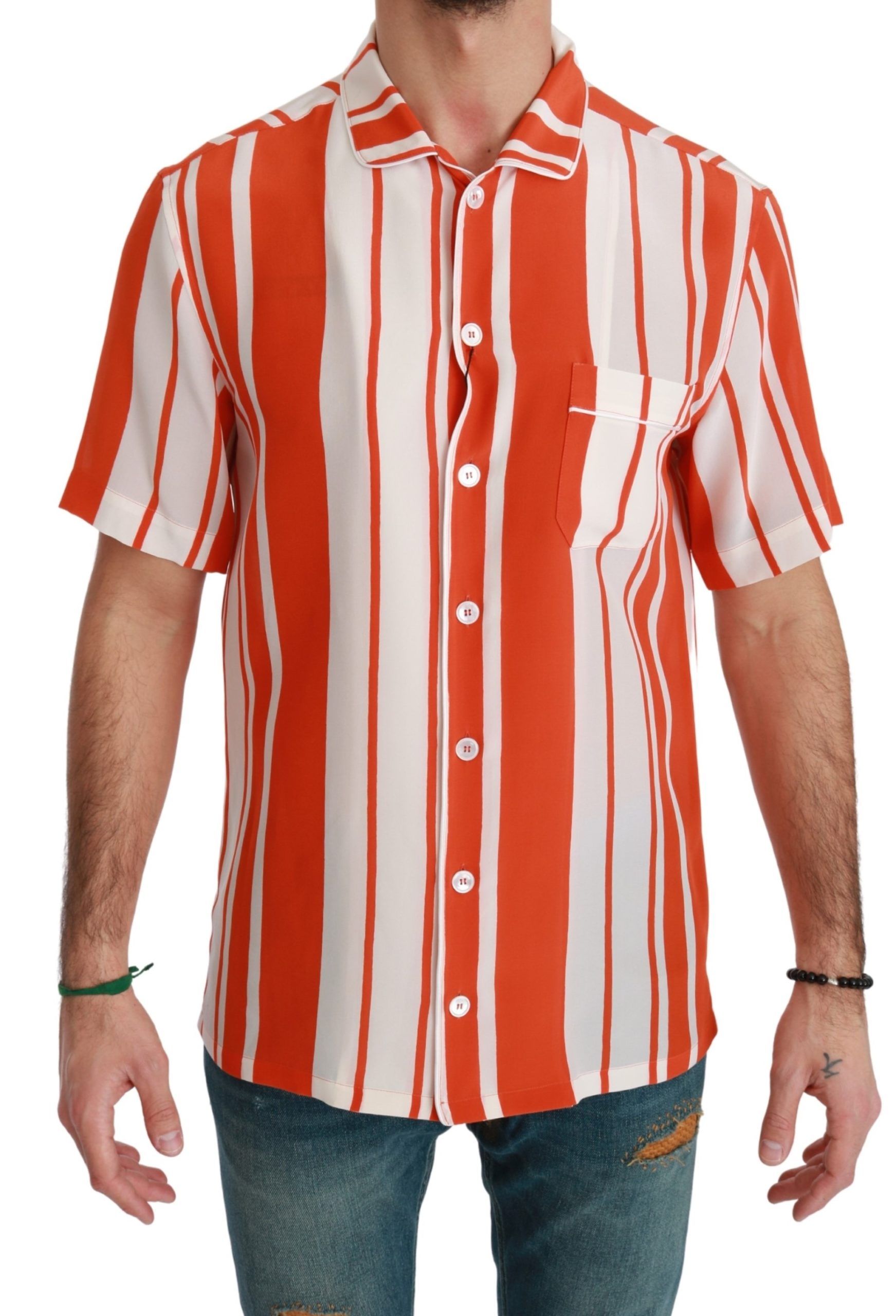 Elegant Striped Silk Shirt - White & Orange - ventzia