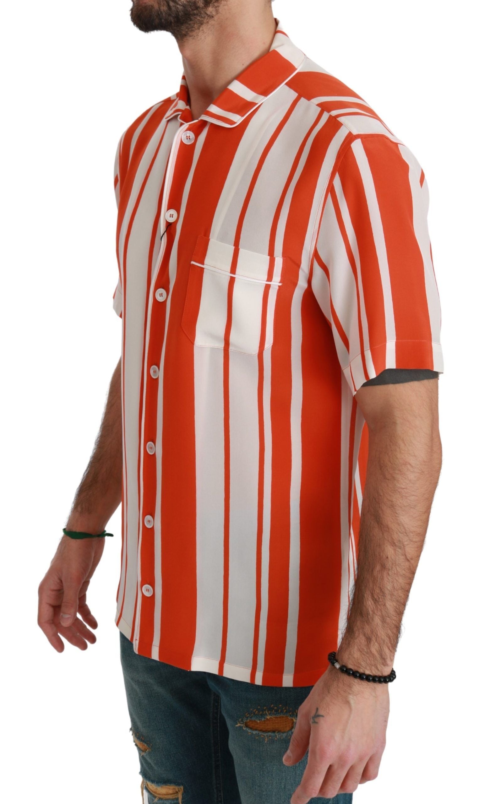 Elegant Striped Silk Shirt - White & Orange - ventzia
