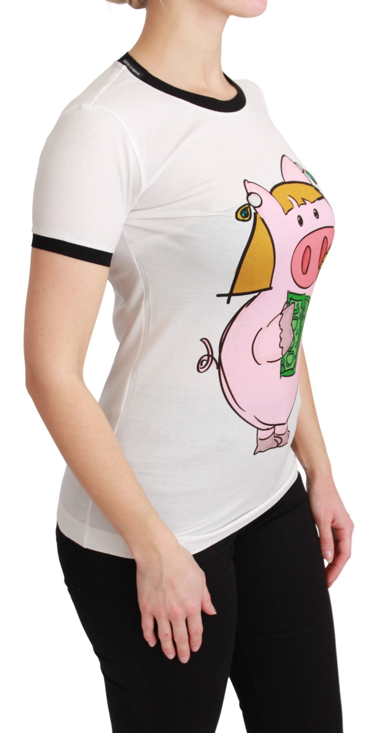 Elegant White Cotton Crewneck Tee with Motive - ventzia
