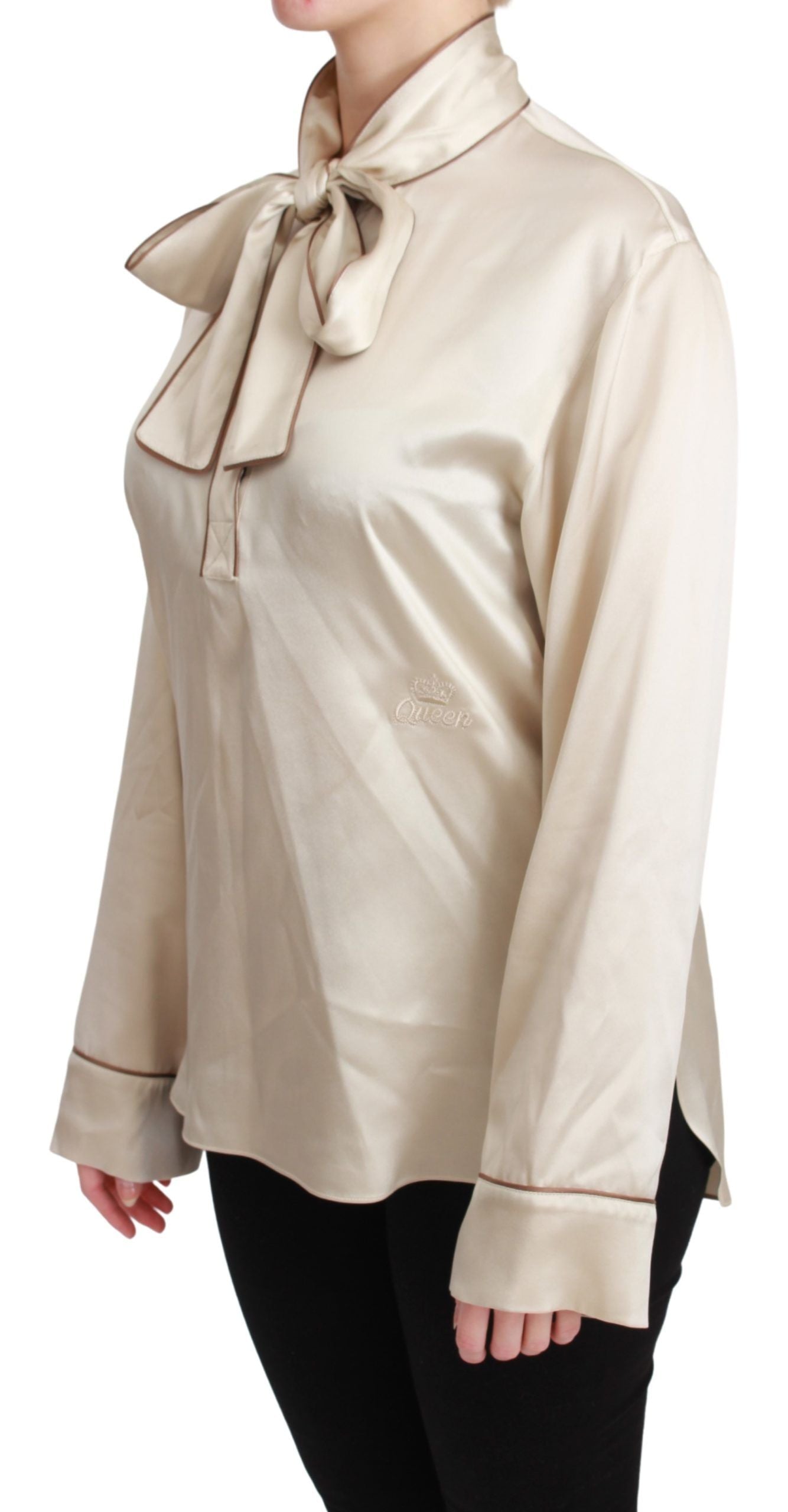 Elegant Beige Silk Satin Blouse with QUEEN Embroidery - ventzia