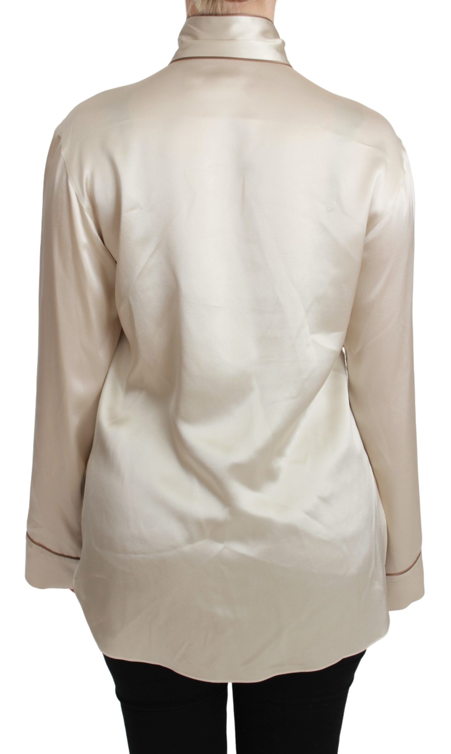Elegant Beige Silk Satin Blouse with QUEEN Embroidery - ventzia