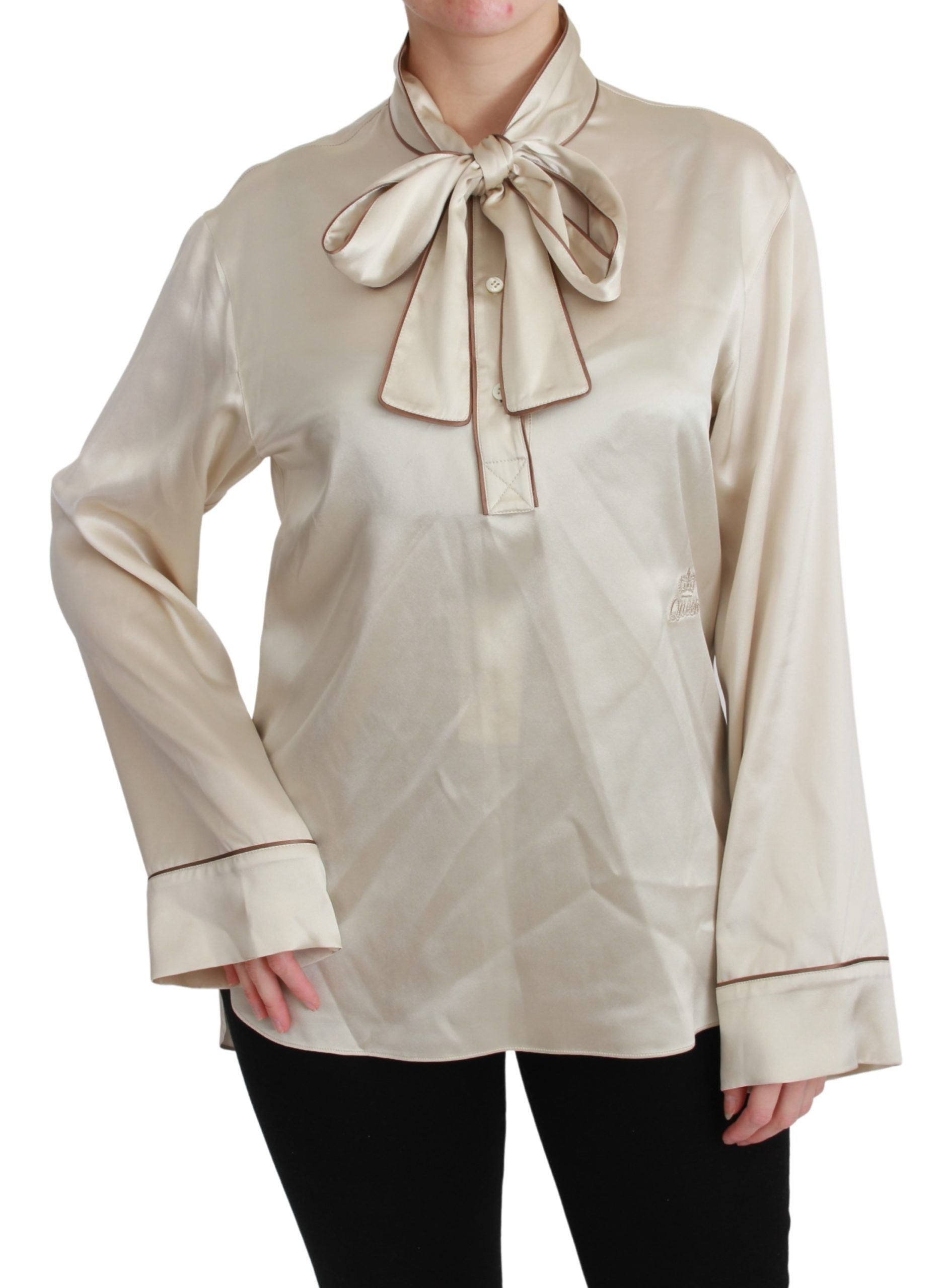 Elegant Beige Silk Satin Blouse with QUEEN Embroidery - ventzia