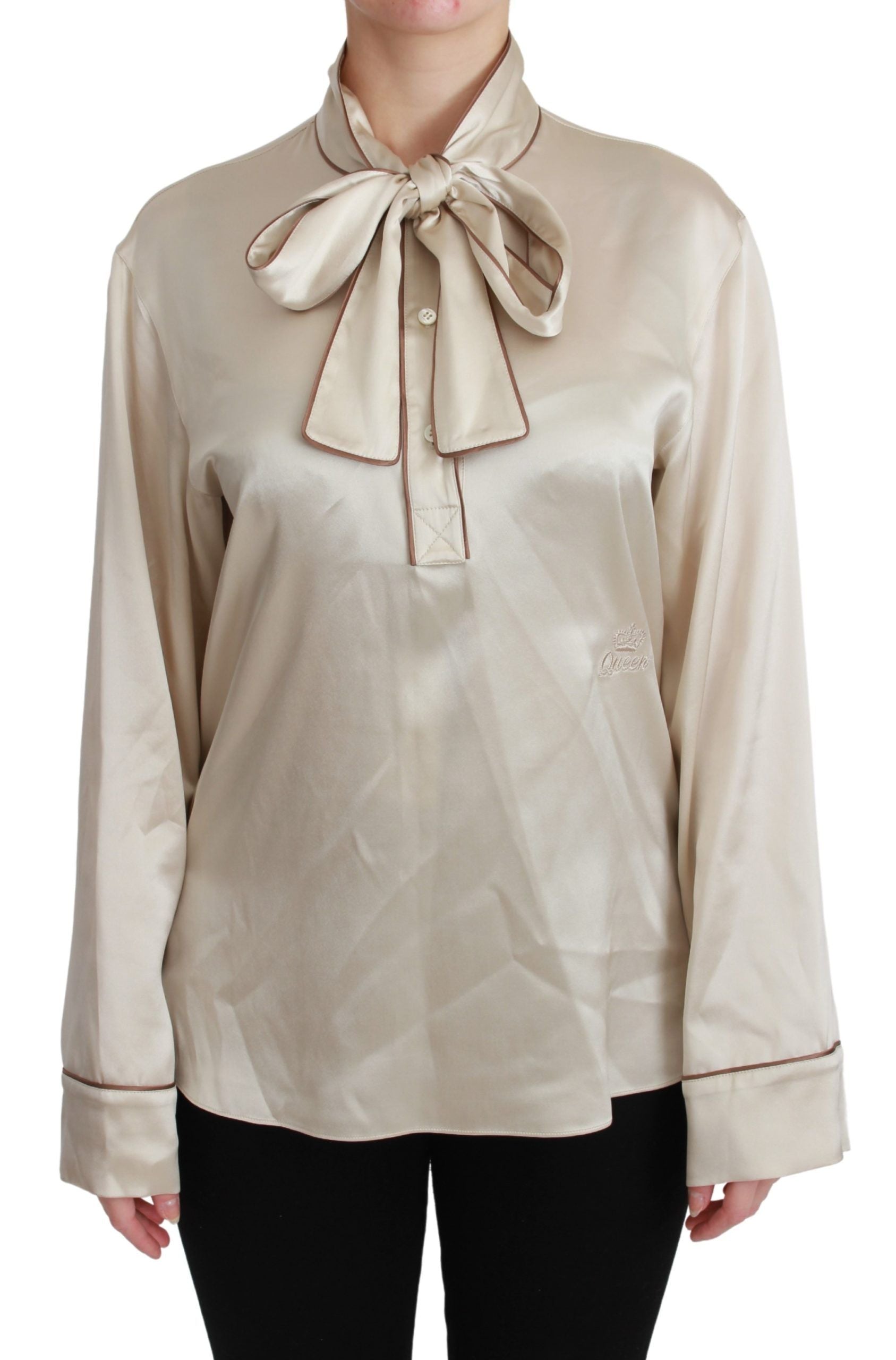 Elegant Beige Silk Satin Blouse with QUEEN Embroidery - ventzia