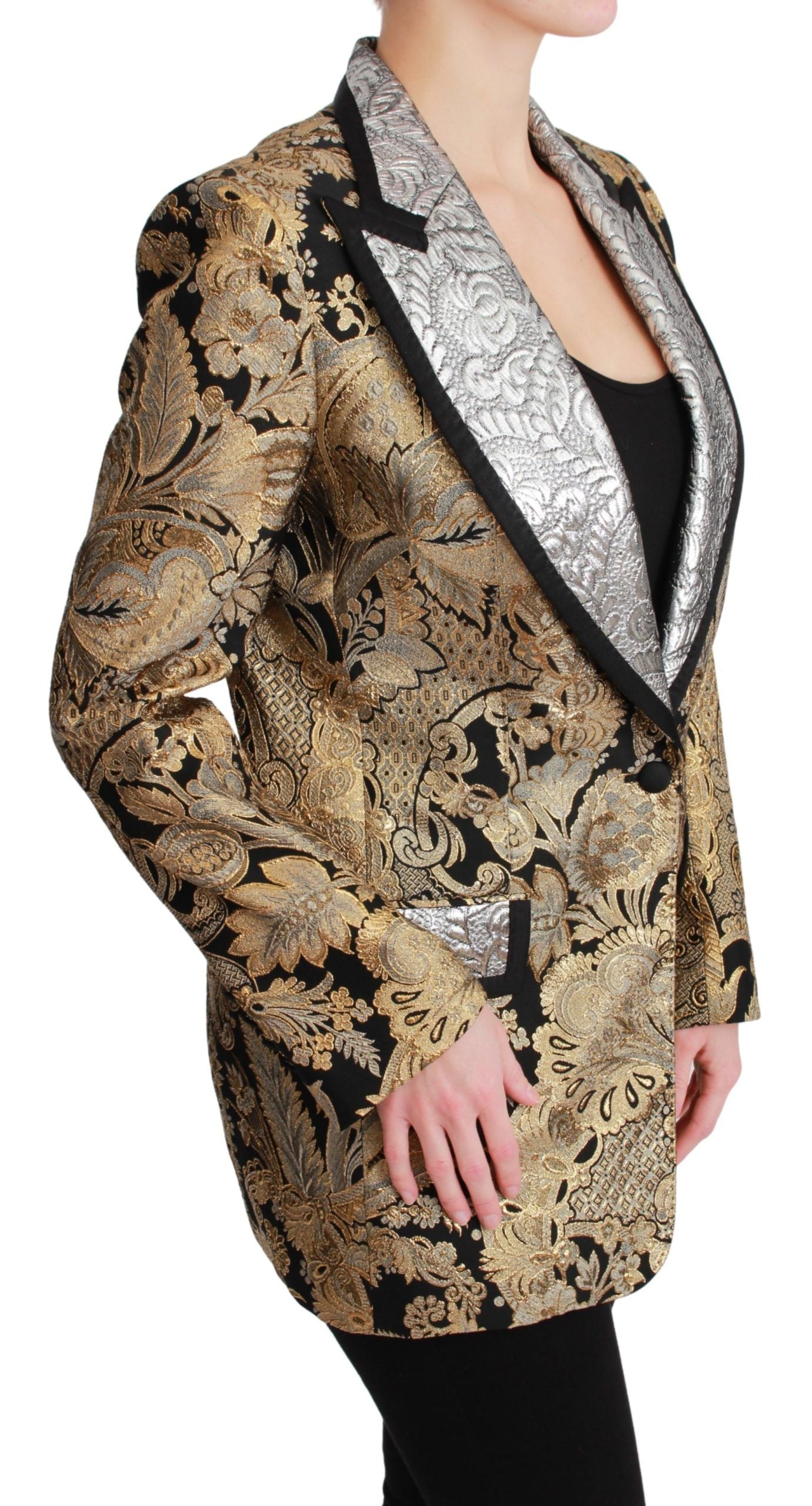 Elegant Gold Floral Jacquard Blazer - ventzia