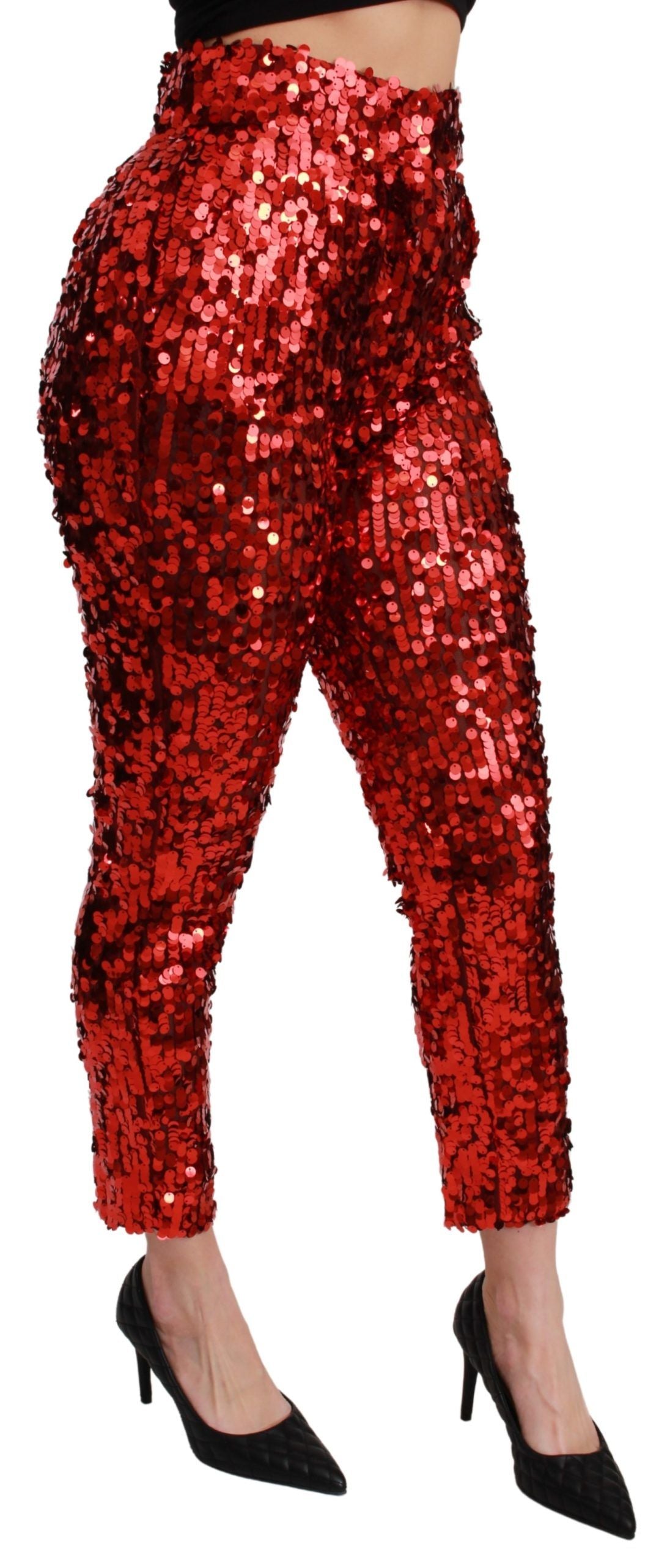 Elegant High-Waist Cropped Red Trousers - ventzia