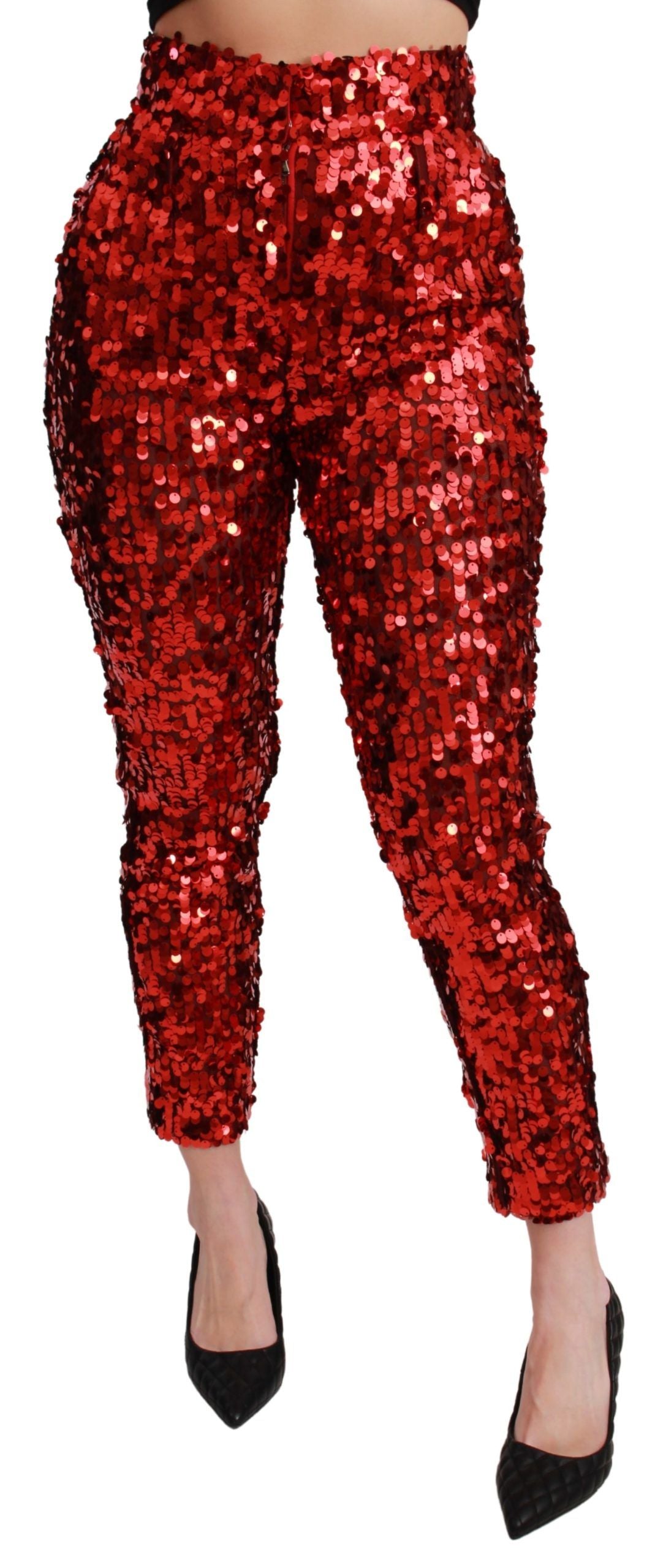 Elegant High-Waist Cropped Red Trousers - ventzia