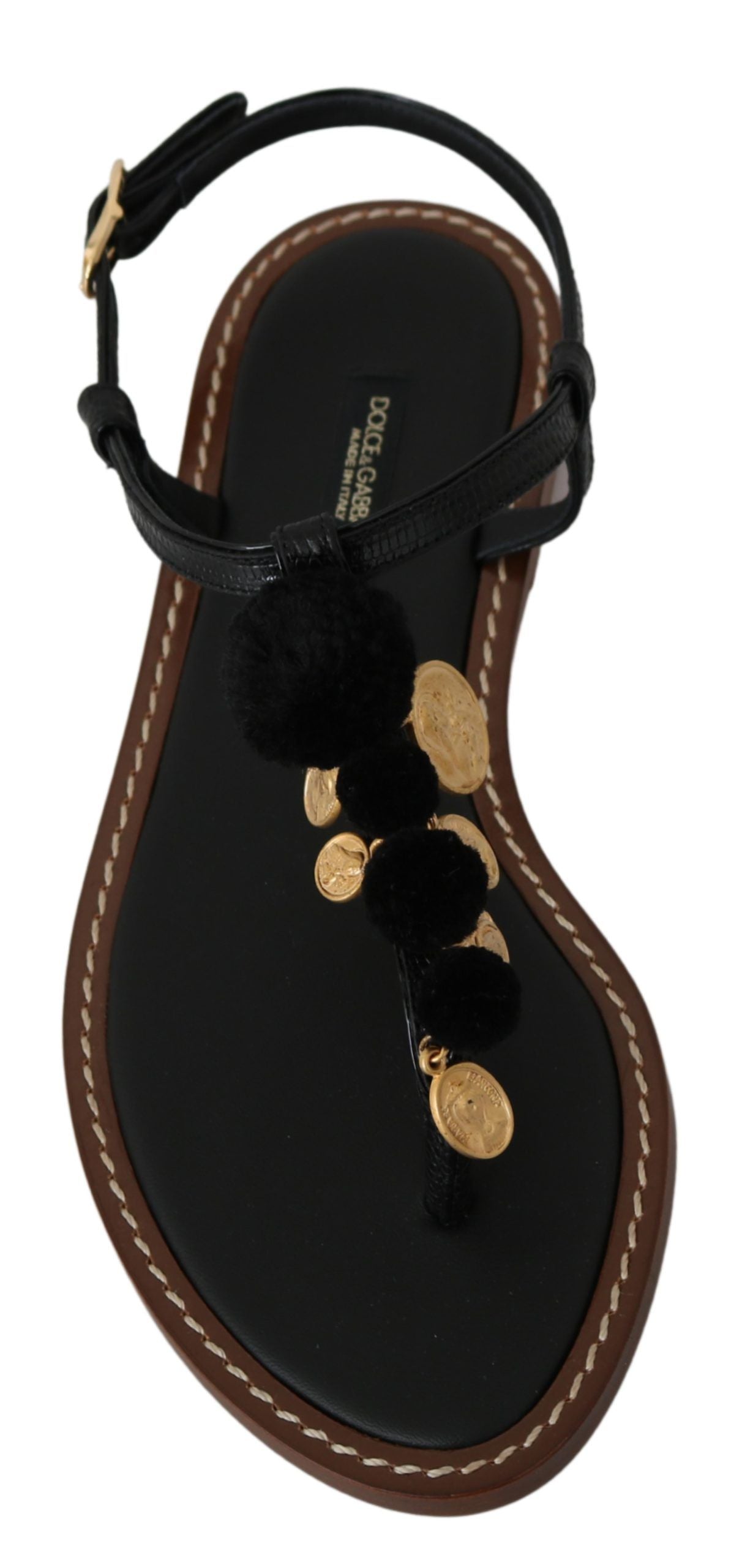 Black Leather Coins Flip Flops Sandals Shoes - ventzia