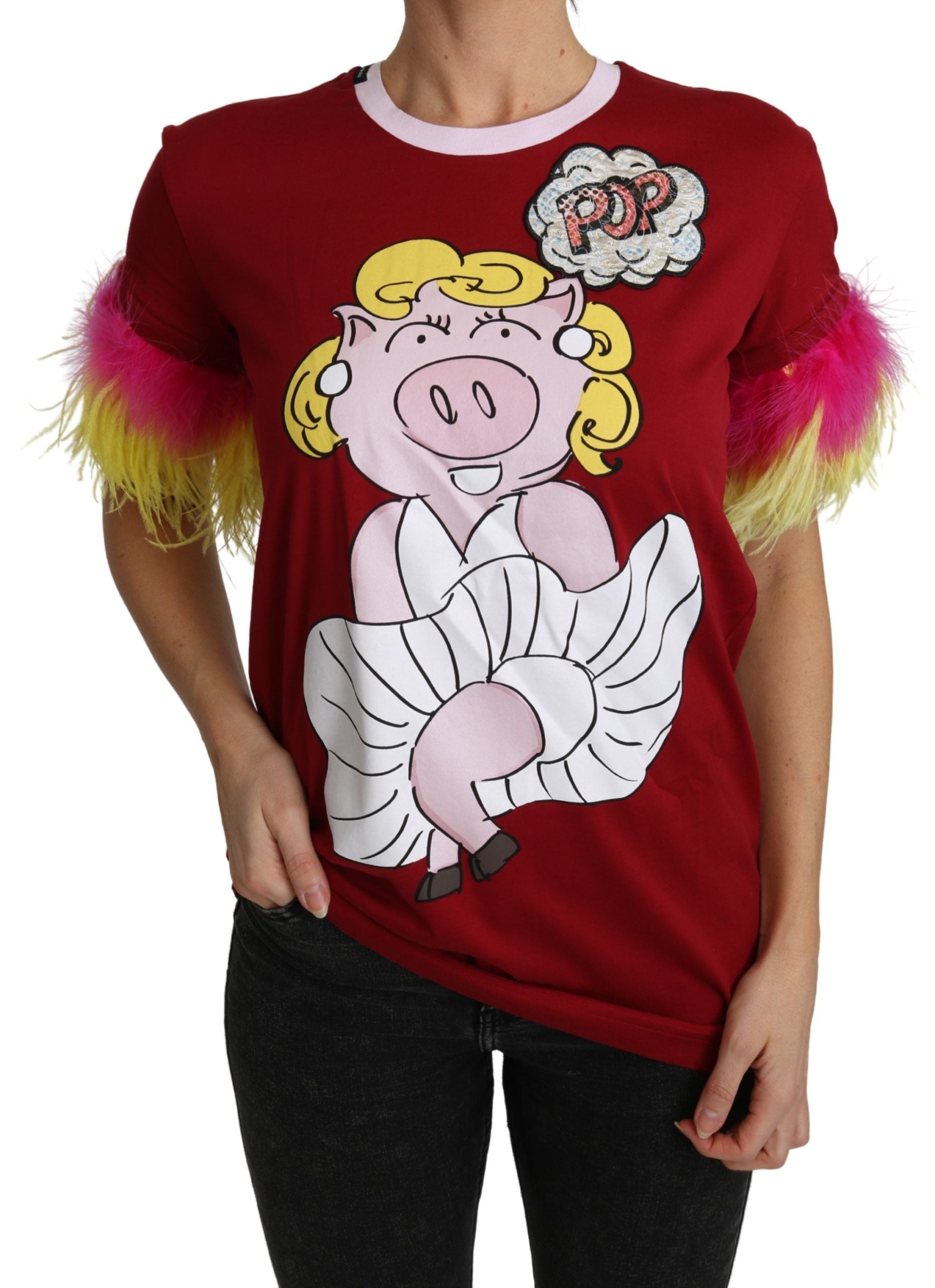 Chic Red Pig Print Crew Neck T-Shirt - ventzia