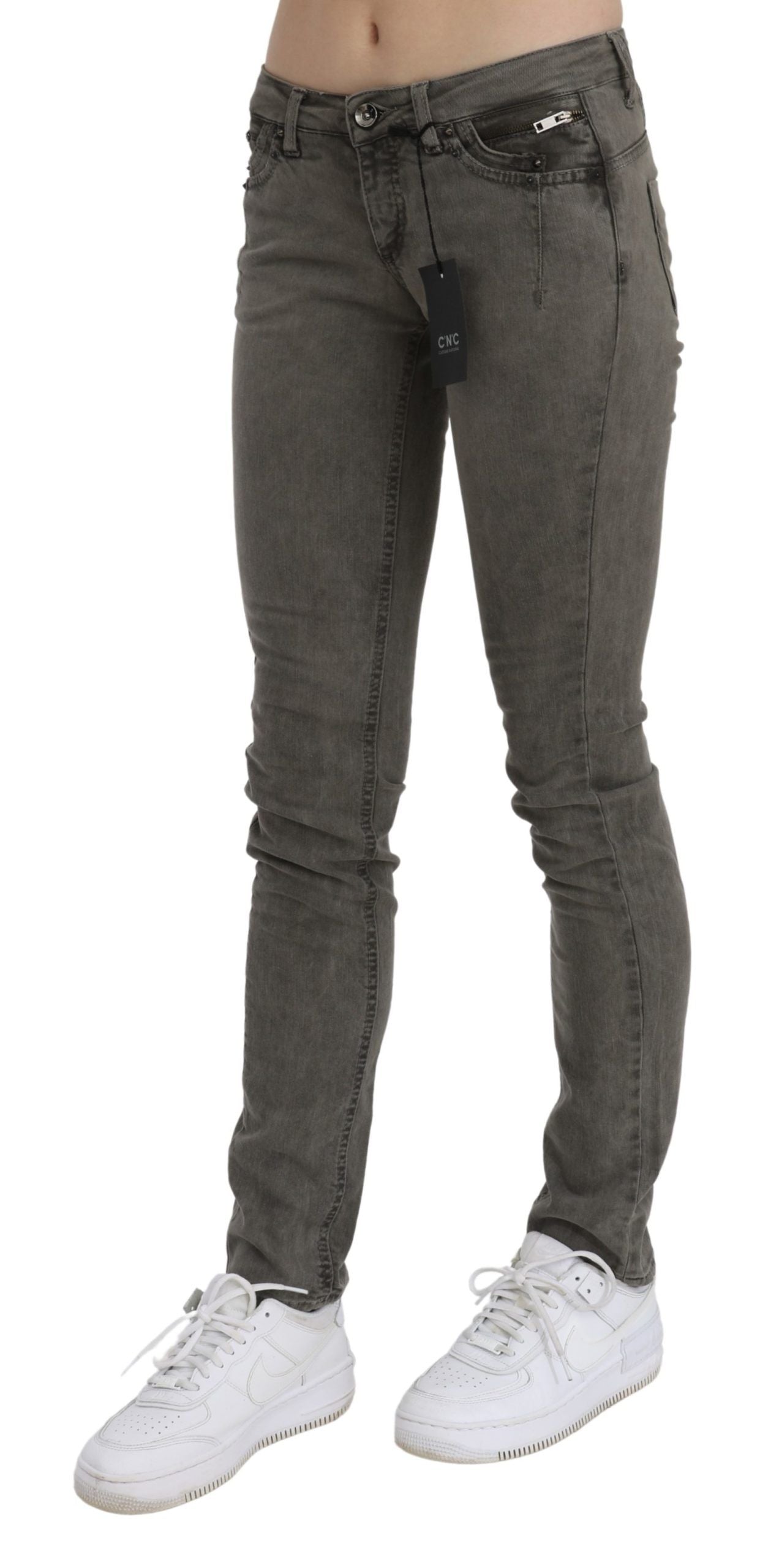 Chic Gray Slim Fit Cotton Jeans - ventzia