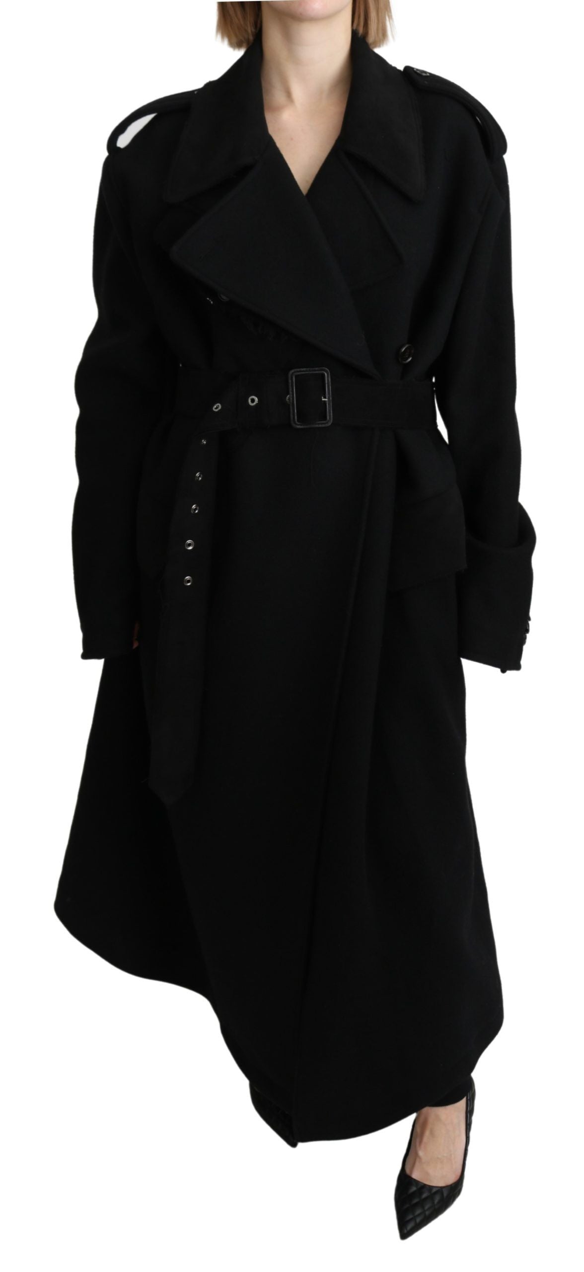 Elegant Black Wool Trenchcoat - ventzia
