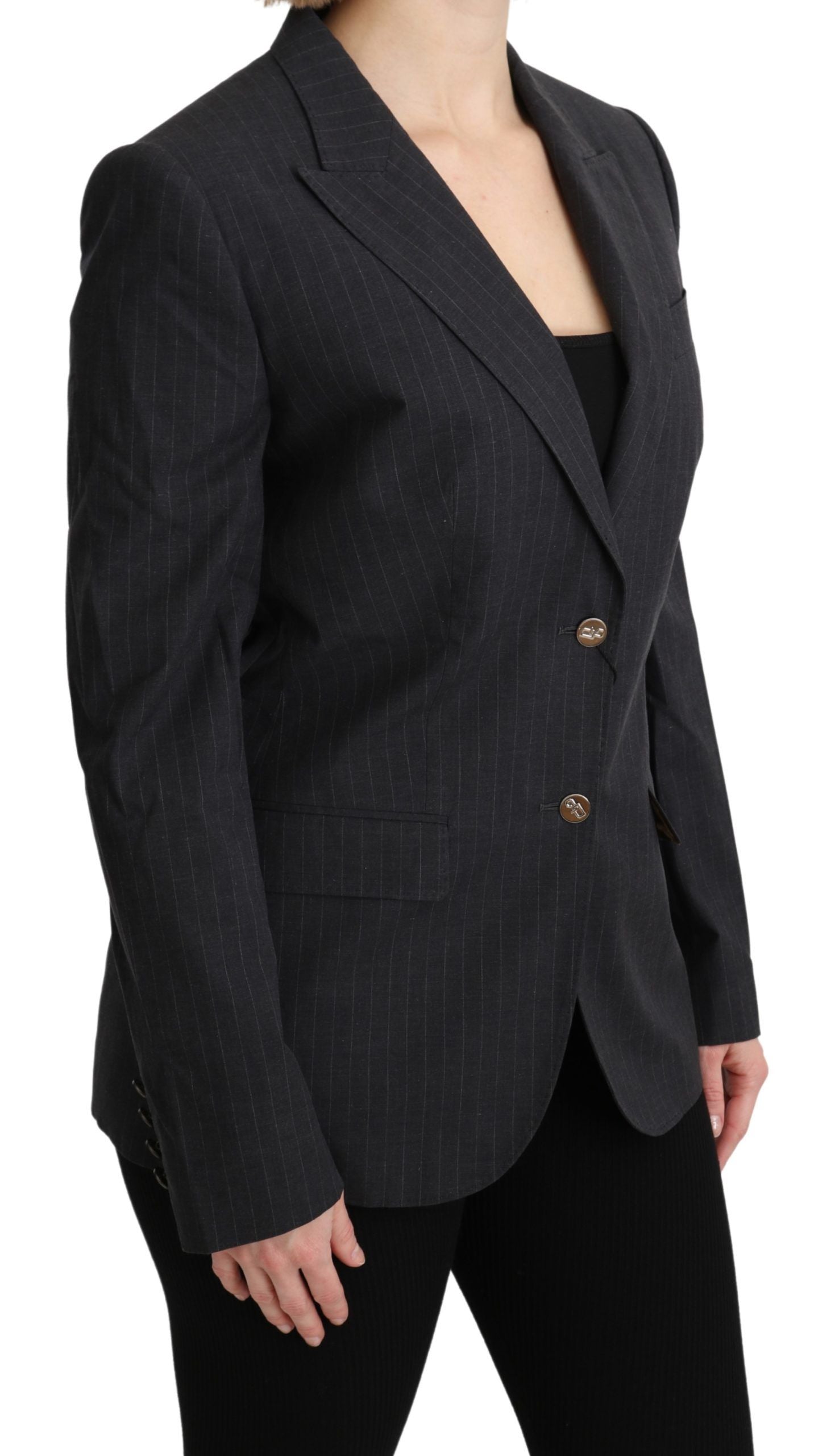 Elegant Gray Striped Cotton Blazer - ventzia