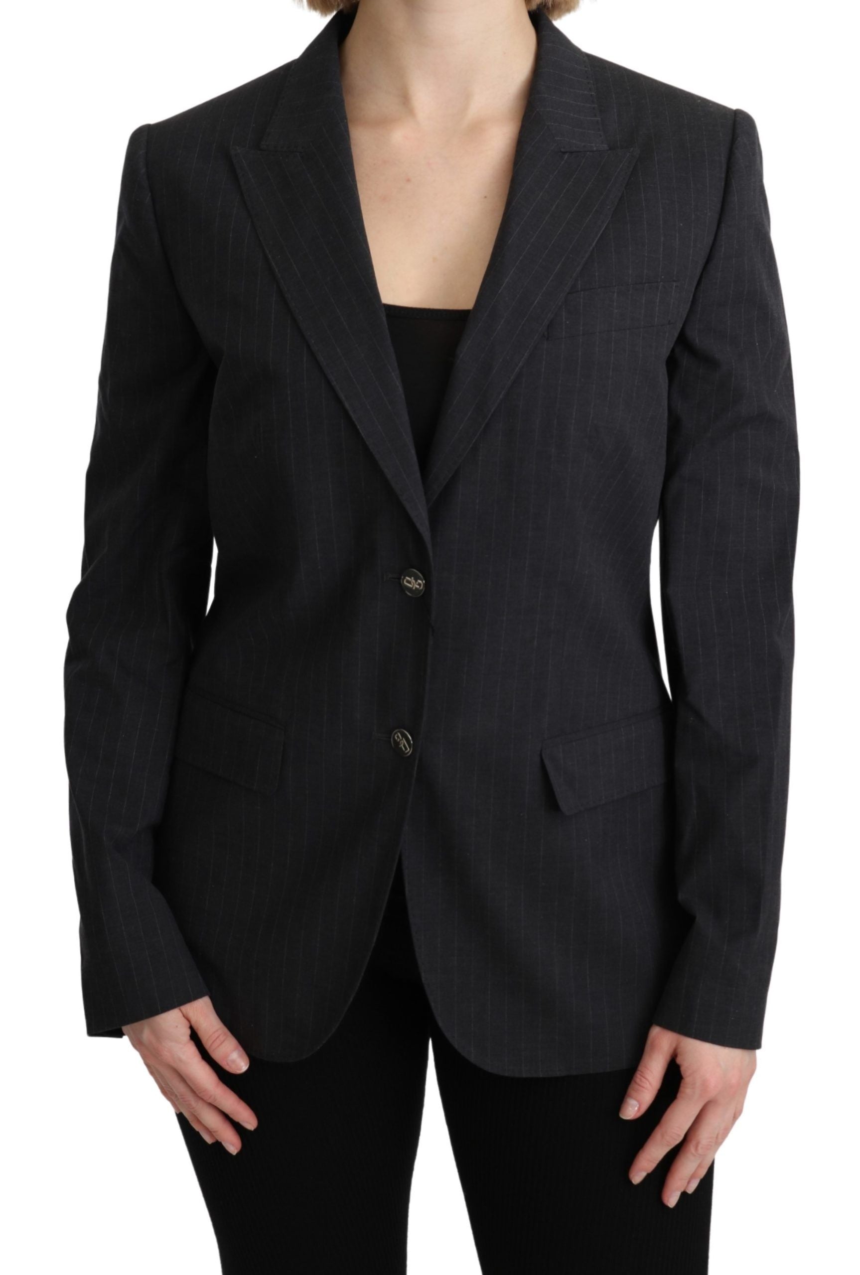 Elegant Gray Striped Cotton Blazer - ventzia