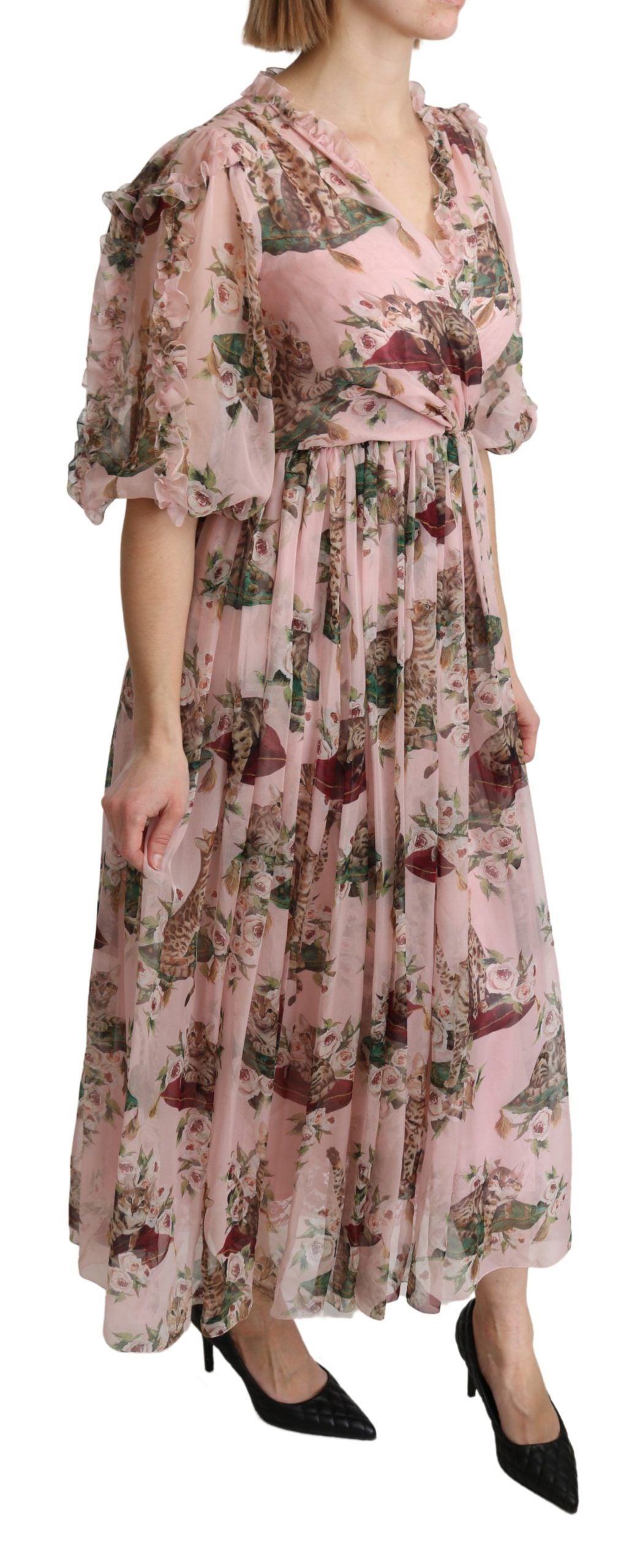 Elegant Pink Bengal Cat Print A-Line Maxi Dress - ventzia