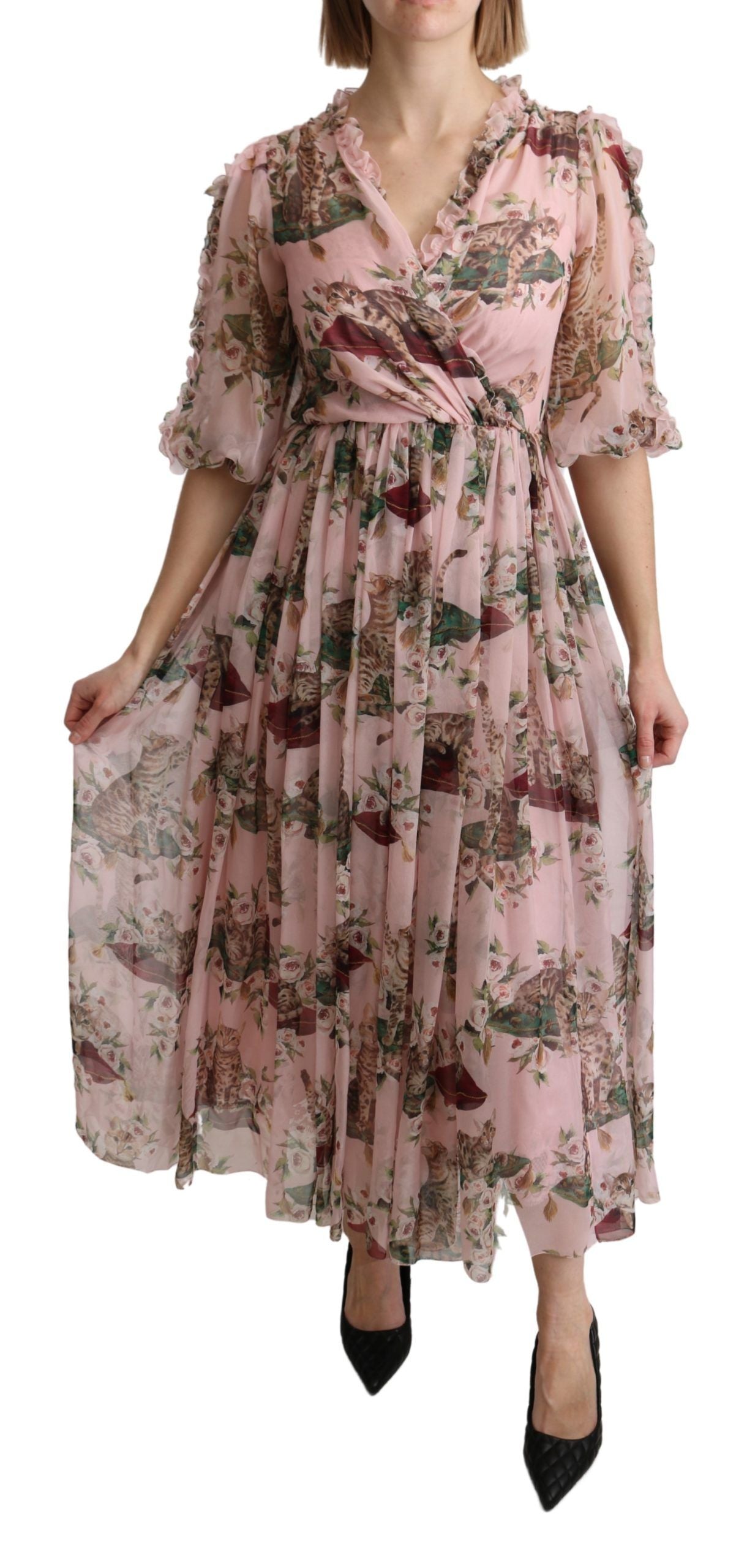Elegant Pink Bengal Cat Print A-Line Maxi Dress - ventzia