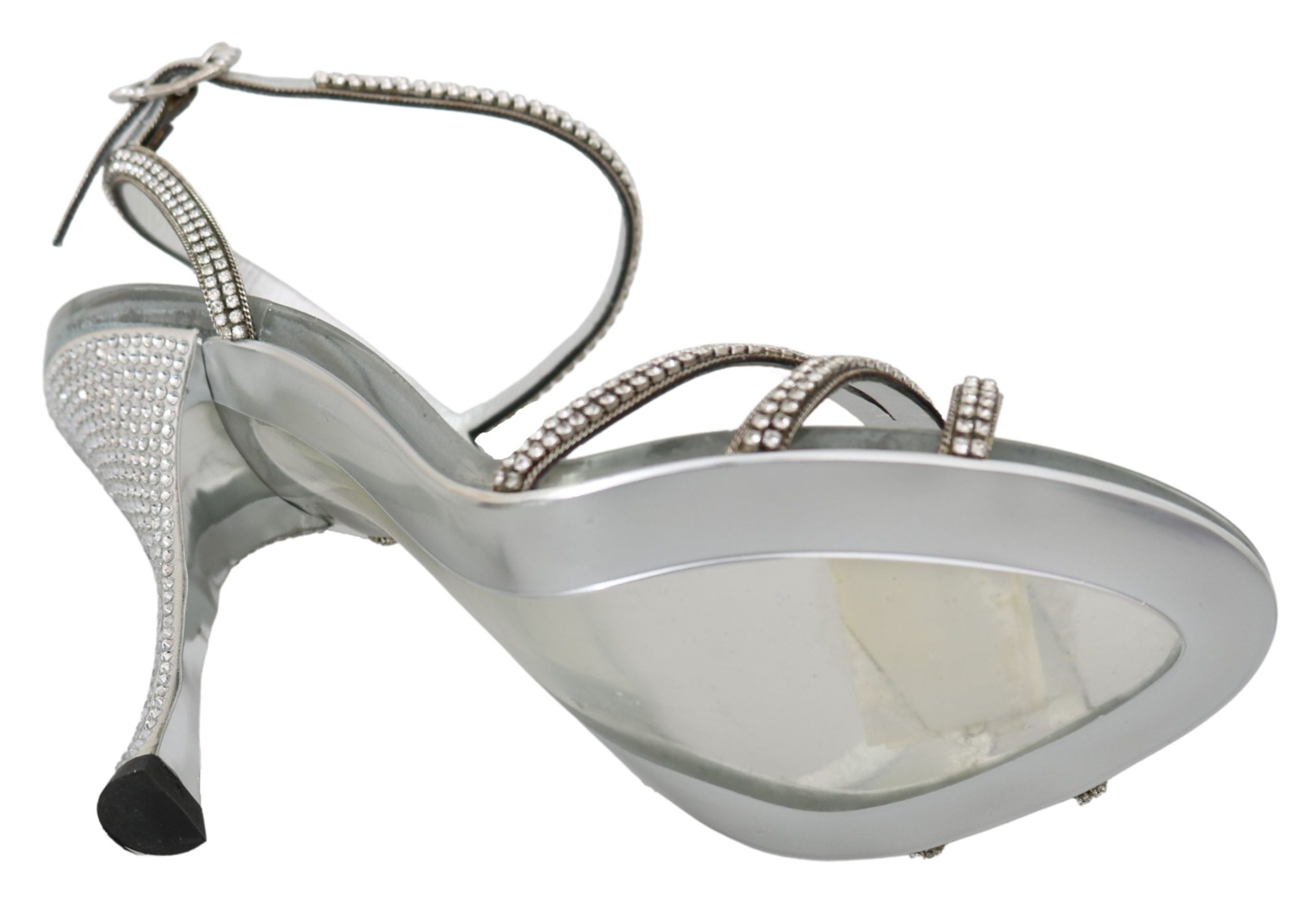 Silver Leather Ankle Strap Sandals with Crystals - ventzia